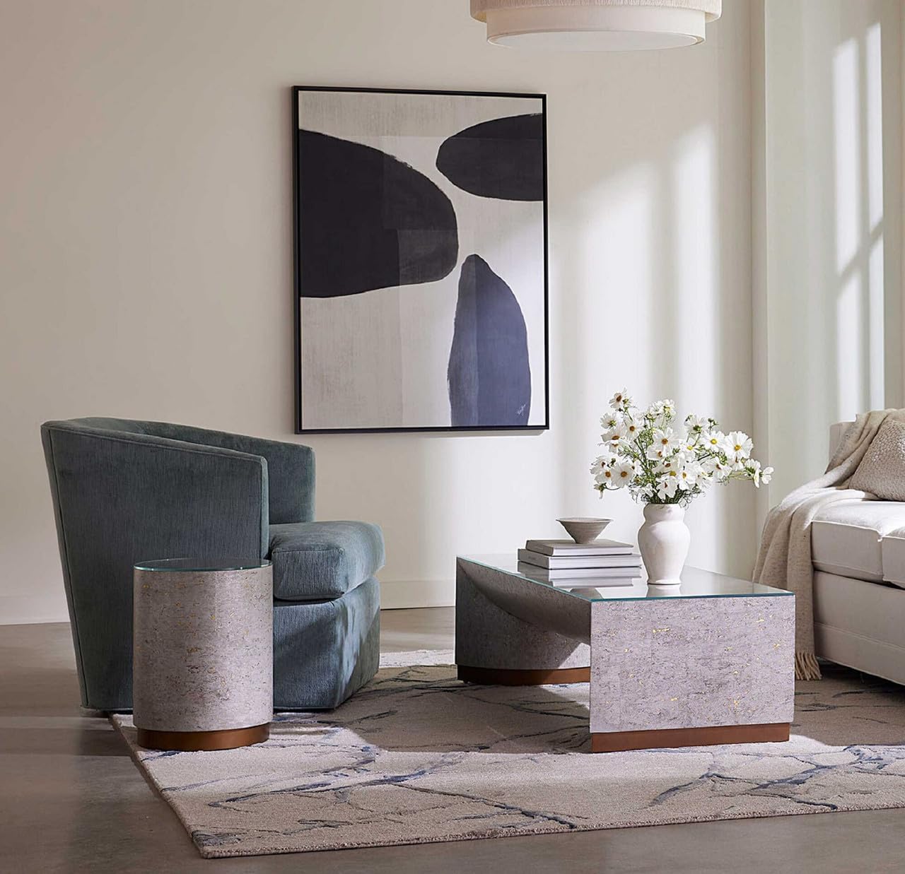 Modern Blue Marble Abstract Area Rug 12x15 ft | Luxury Hand Tufted Grey Designer Carpet for Living Room Bedroom