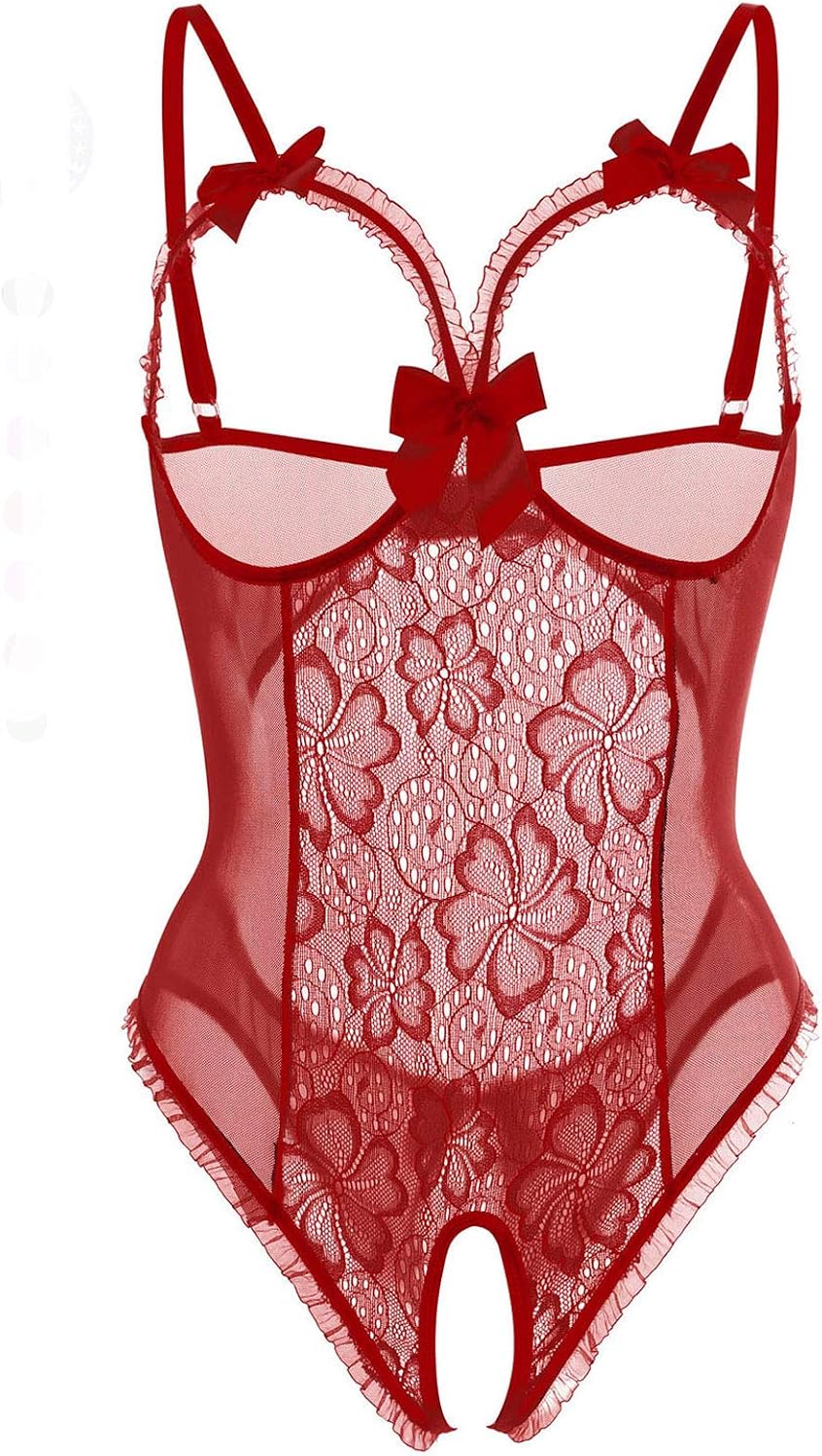 ALLureLove Womens Sexy Lingerie Open Cup Crotchless One-Piece Teddy Lace Nightie