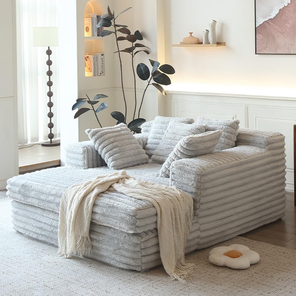 WILLIAMSPACE 57.87" Chaise Lounge Sofa Cozy Cloud Couch for Living Room, Modern Upholstered Foam Floor Sleeper Daybed Sofabed with 5 Throw Pillows & Wide Armrest, Corduroy, Beige