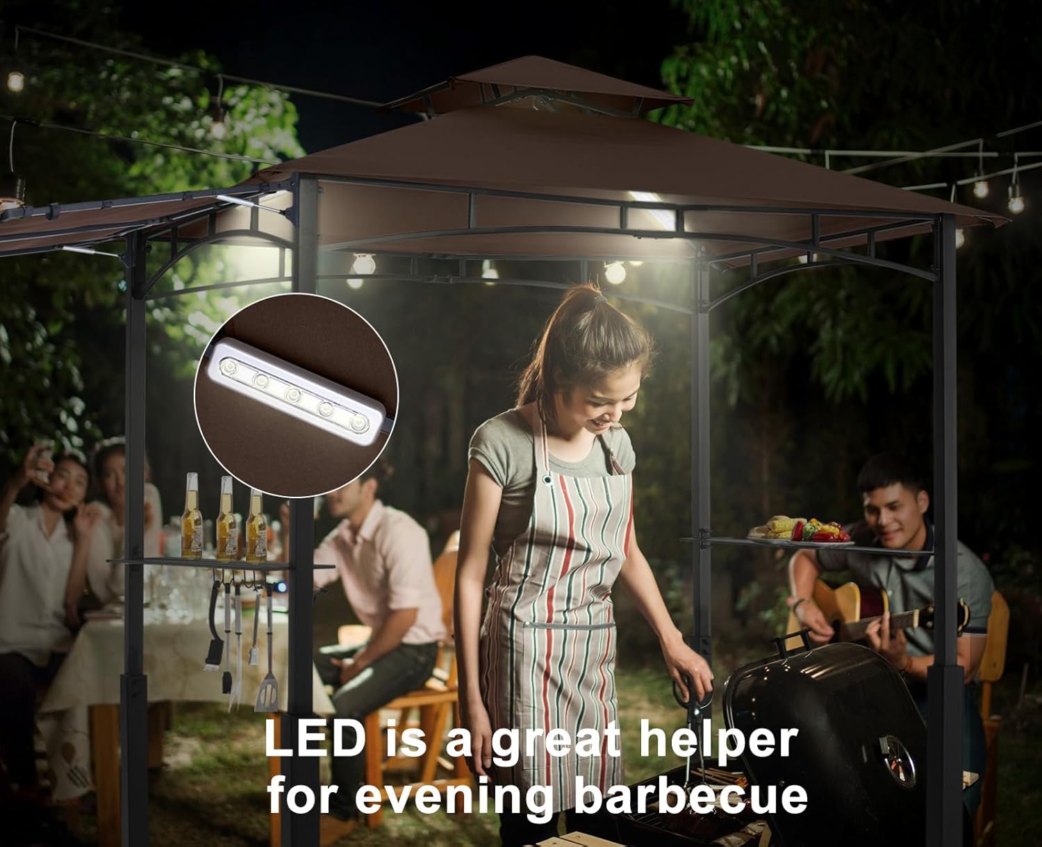 ABCCANOPY Grill Gazebo with Extra Awning - 11x5 Outdoor BBQ Canopy Shelter with 2 Led Lights for Patio Backyard Grilling (Brown)