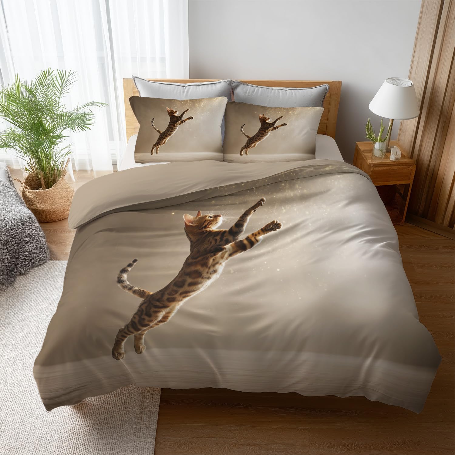 Jasnobeżowy Nordic zestaw poszewek na kołdrę z motywem zwierzęcym ocelot urocze granulki, miękka i oddychająca tkanina, rozmiar 220 x 240 cm - nowoczesna pościel z zamkiem błyskawicznym i trwałymi