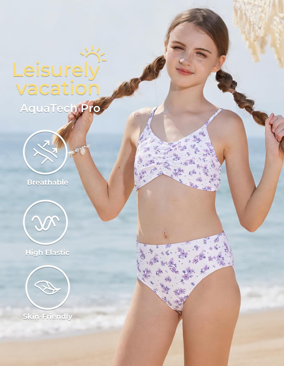 GRACE KARIN Girls Swimsuit Bikini Bathing Suit for Teens Ruched Tankini Beach Hawaii Swimwear with Cover Up Skirt 8-16Y