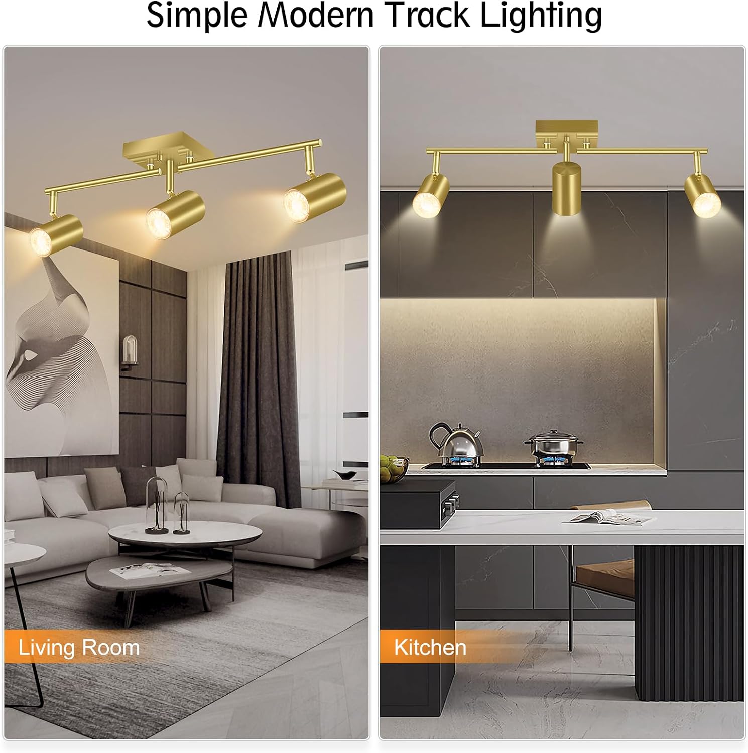 BoostArea 3 Light Track Lighting Fixtures Ceiling, Gold Kitchen Lighting Fixtures Ceiling, LED Track Lighting Kit, Rotatable Light Heads, Modern Track Lights for Kitchen/Living Room/Hallway, No Bulb