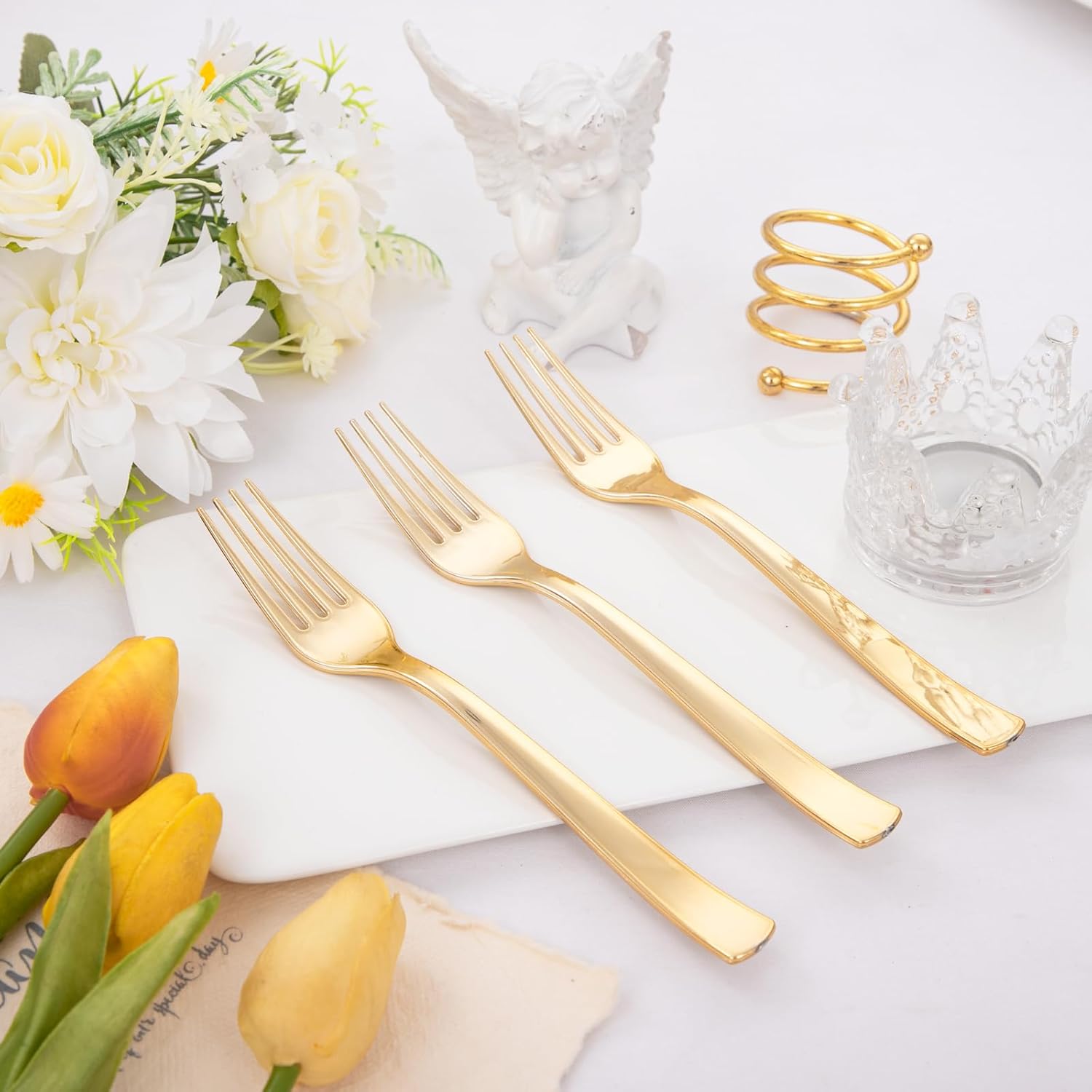 Liacere 360Pcs Plastic Forks - Heavyweight Forks - 7 Inch Heavy Duty Gold Disposable Forks- Gold Plastic Silverwar Perfect For Parties & Weddings & Thanksgiving & Restaurants And Daily Using