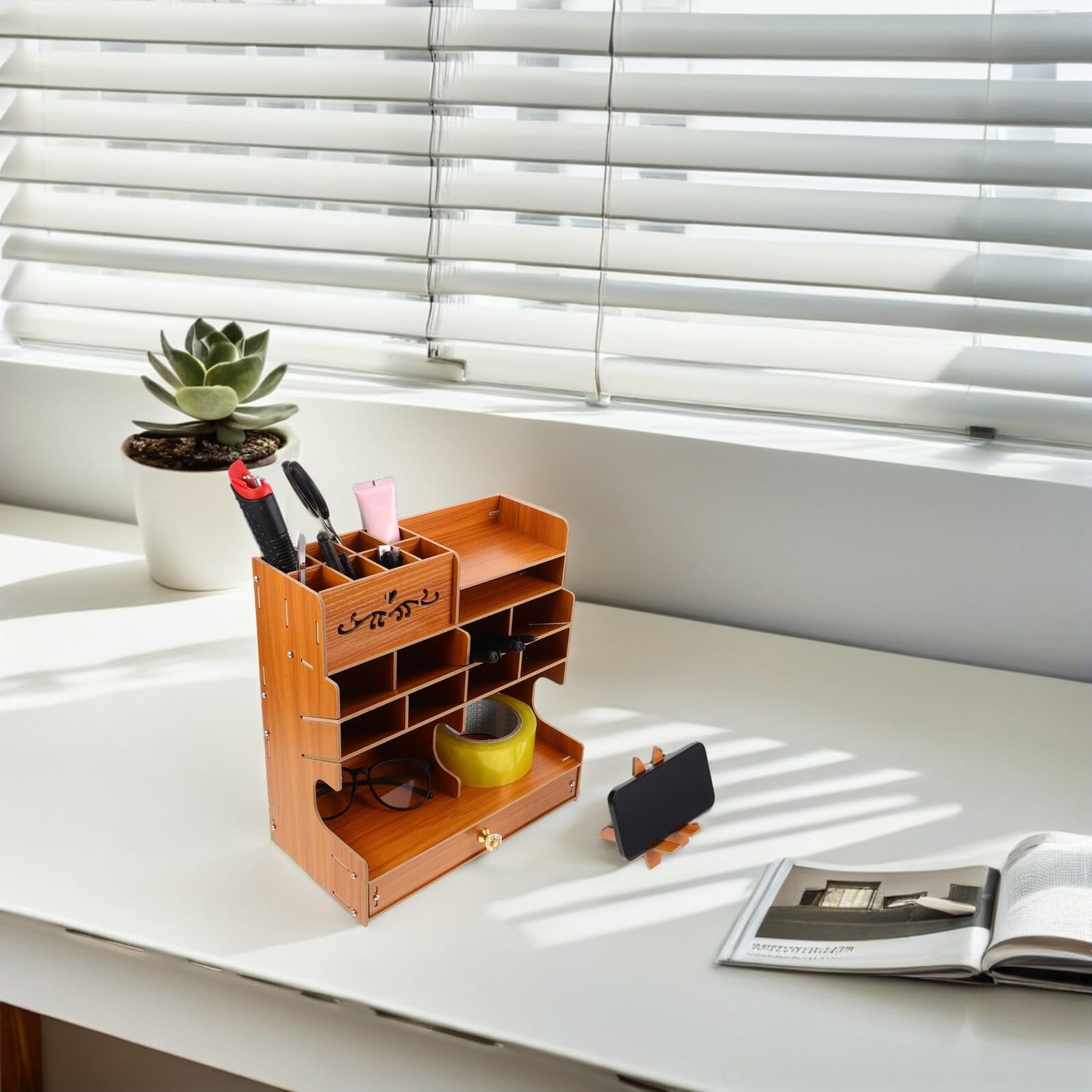 DOITOOL Organizador de Escritorio Madera Sólido con Gran Capacidad Base Estable y Compartimentos Múltiples para Papelería Porta Lápices para Oficina y Hogar Diseño Elegante y Funcional