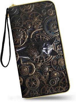 Black Cat Womens Long Wallet PU Leather Purse with Card Holder, Steampunk Style Gears Zipper Clutch Wristlet Wallet for Travel, Work, Shopping