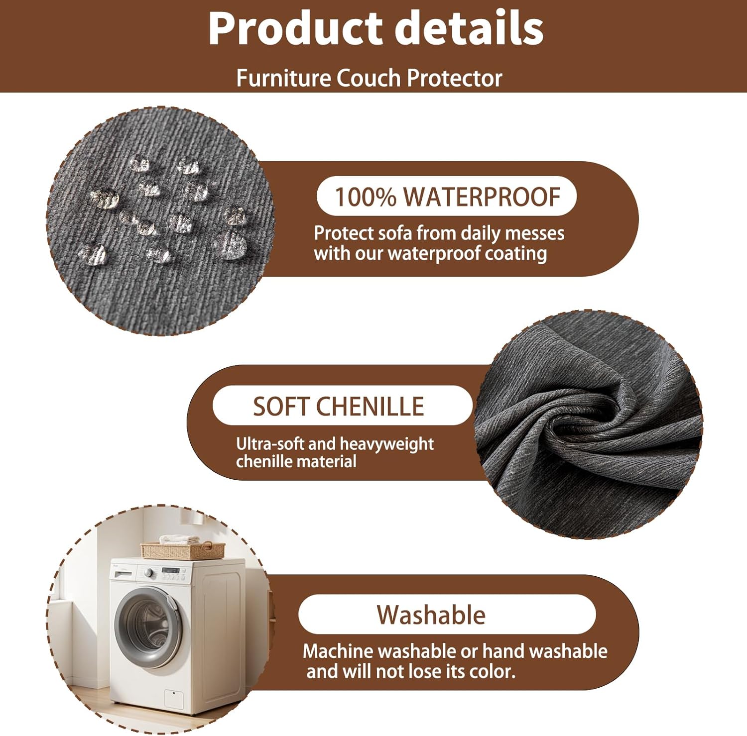 100% Waterproof Couch Cover for Pets Washable Sofa Covers for 3-4 Cushion Couch Sofa SlipCover for Dogs Pet-Friendly Furniture Protector for Living Room with Tassel(71" x 134", Gray)