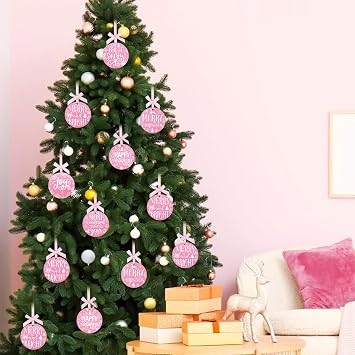 Serencatcher Pink Christmas Tree Decorations - 12pcs Acrylic Round Ornaments With Ribbon Bow for Let It Snow Merry Xmas Hanging Tree Decor - Pink Glitter