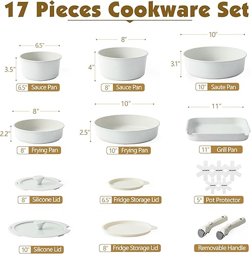 Miniatura 2 de SENSARTE Juego de ollas y sartenes de 17 piezas, antiadherentes con mango desmontable, utensilios de cocina de inducción con mango extraíble,