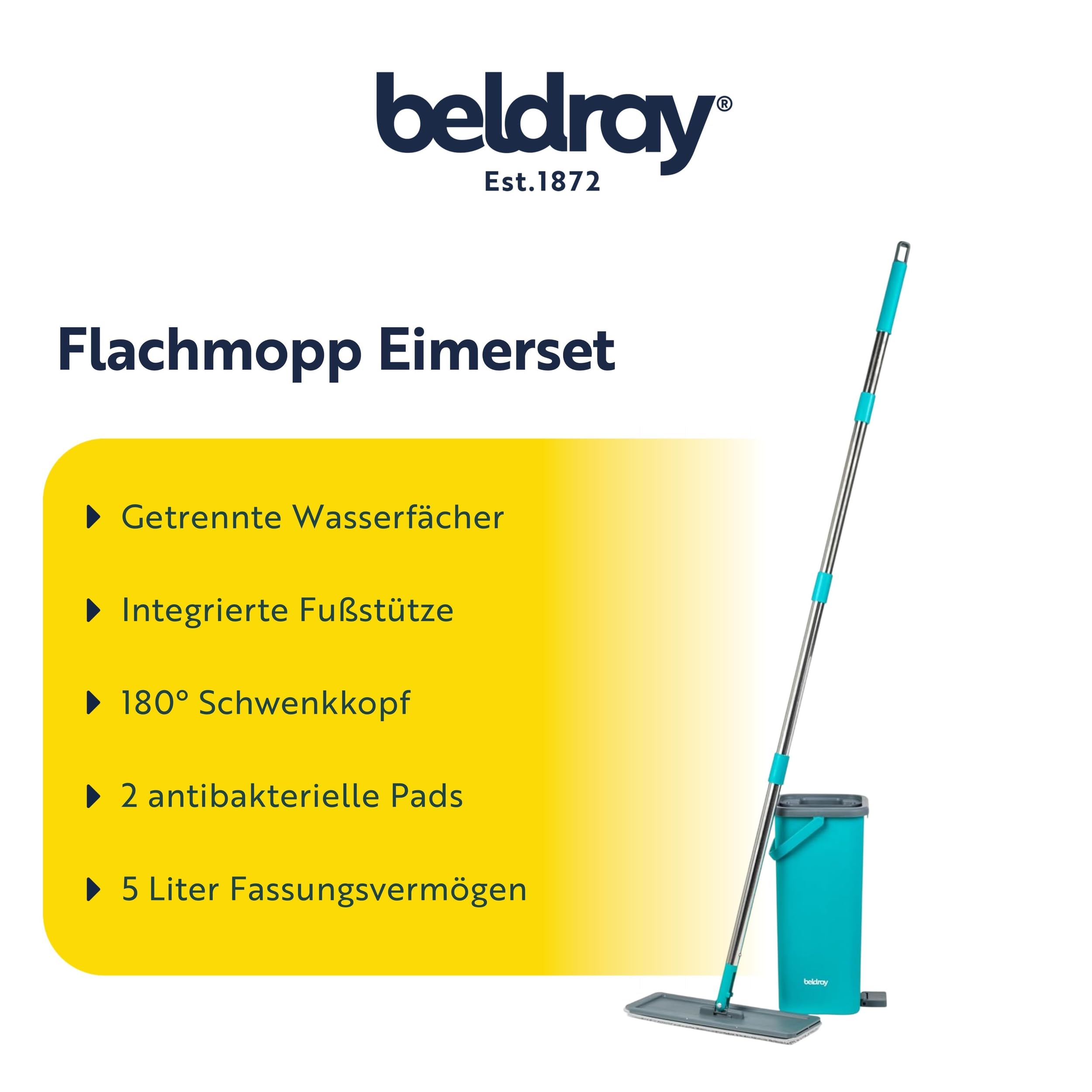 Beldray AntiBac Flachkopf Mop & Eimer - 5 Liter, integrierte Auswringfunktion, integrierte Fußstütze, 180° Schwenkkopf, 2 extra Wischpads inklusive, kompaktes Design, Slimline Kopf, Vinyl/Fliesen