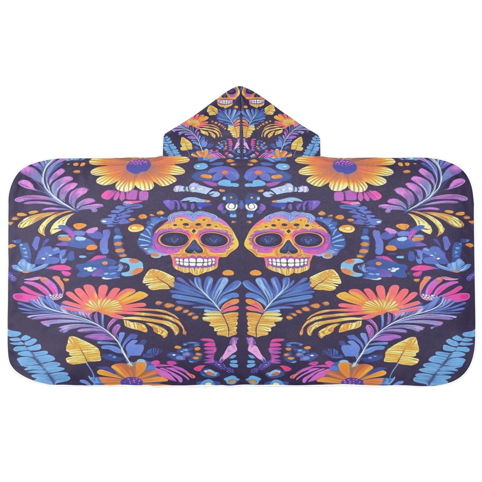 Kigai Skull Flower Hooded Beach Towel for Kids Soft Absorbent Quick Dry Bath Towel with Hood Lightweight Toddler Shower Pool Bath Wrap for Boys Girls