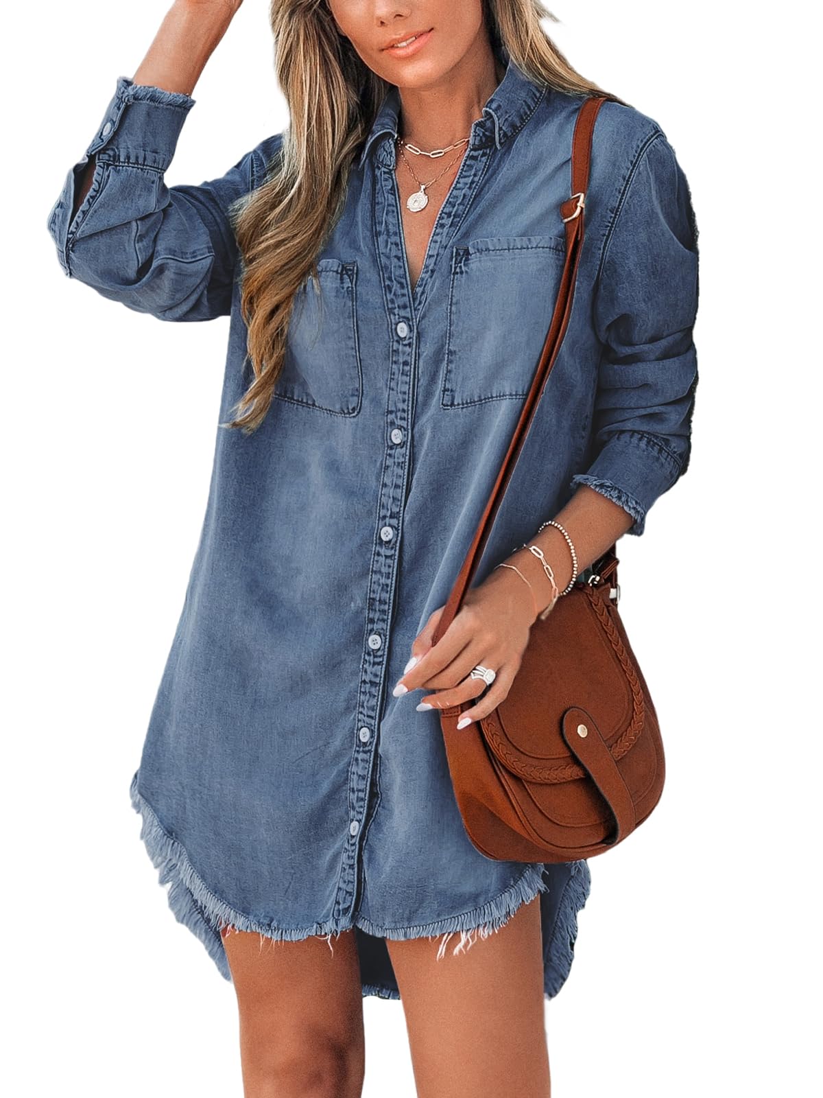 CUPSHE Camicia da donna con scollo a V, tasche sul petto, asimmetrica, in denim
