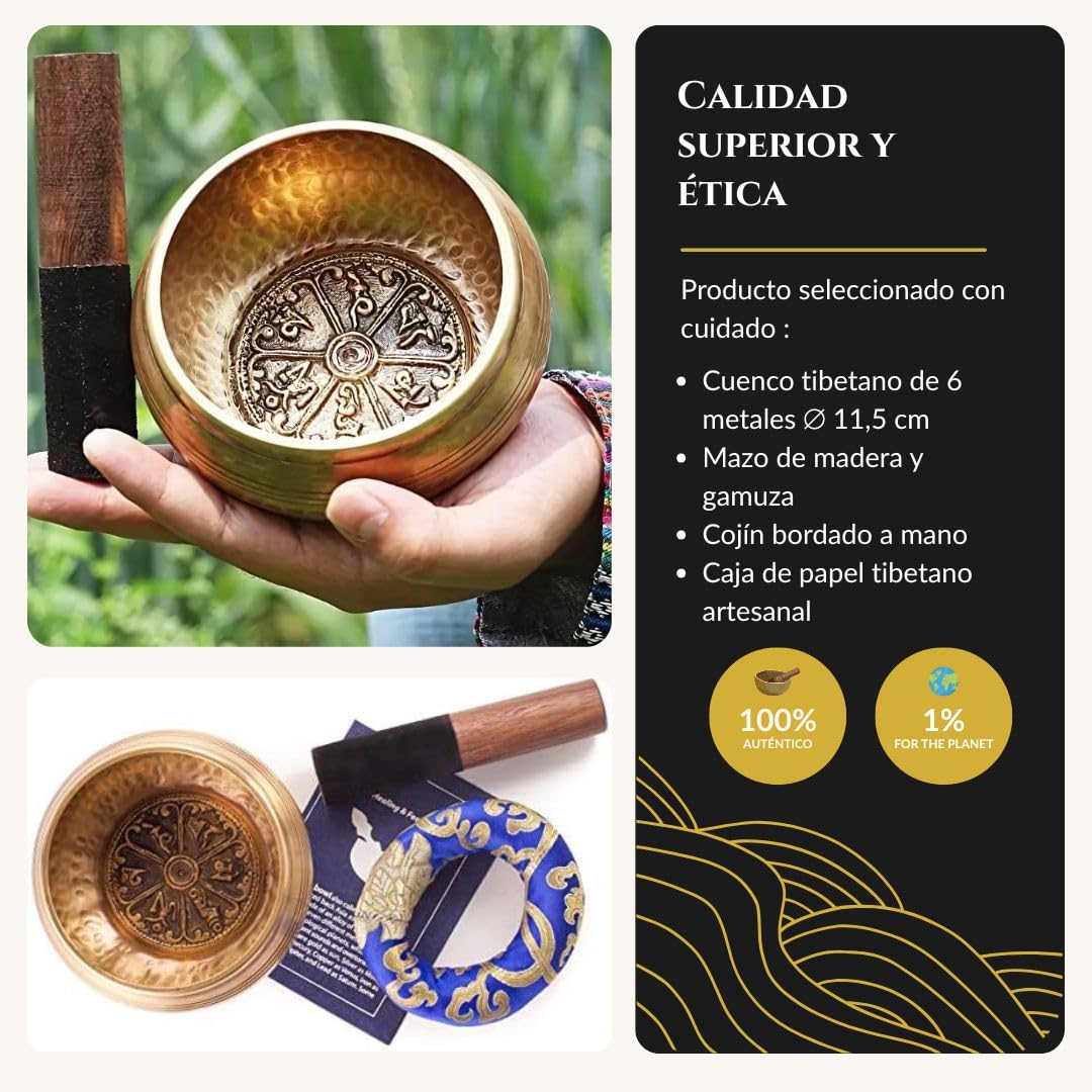 Cuenco tibetano de meditación hecho a mano en la ciudad nepalí de Bhaktapur | 450 g – 11,5 cm de diámetro | + Caja en papel nepalí con cojín | + Cuenco | + Mazo de madera