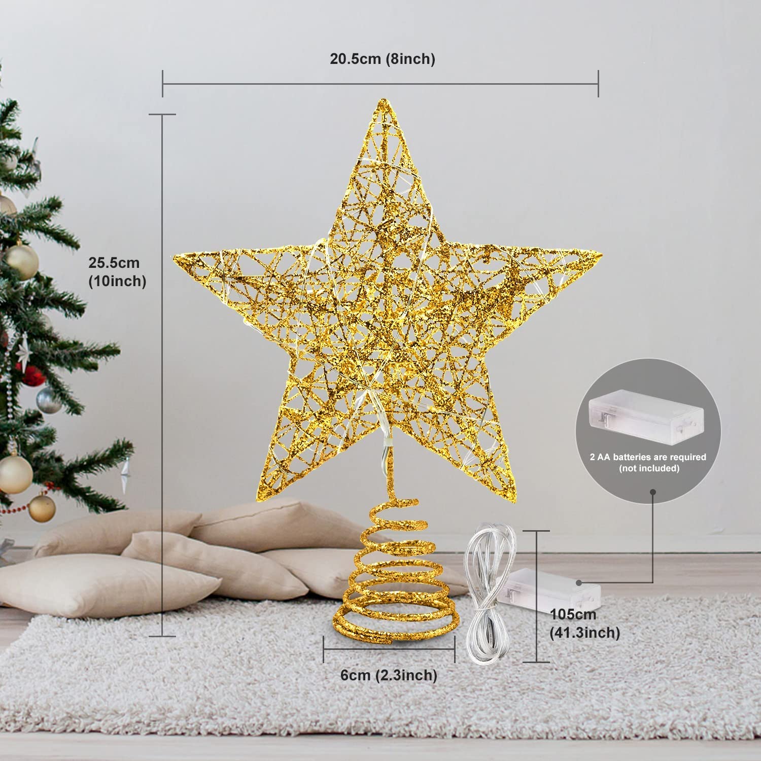 Estrella Arbol Navidad, con 15 Luces LED Decoración de árbol de Navidad con Golden de 25cm con Estrella de Metal para árbol de Navidad Decoración