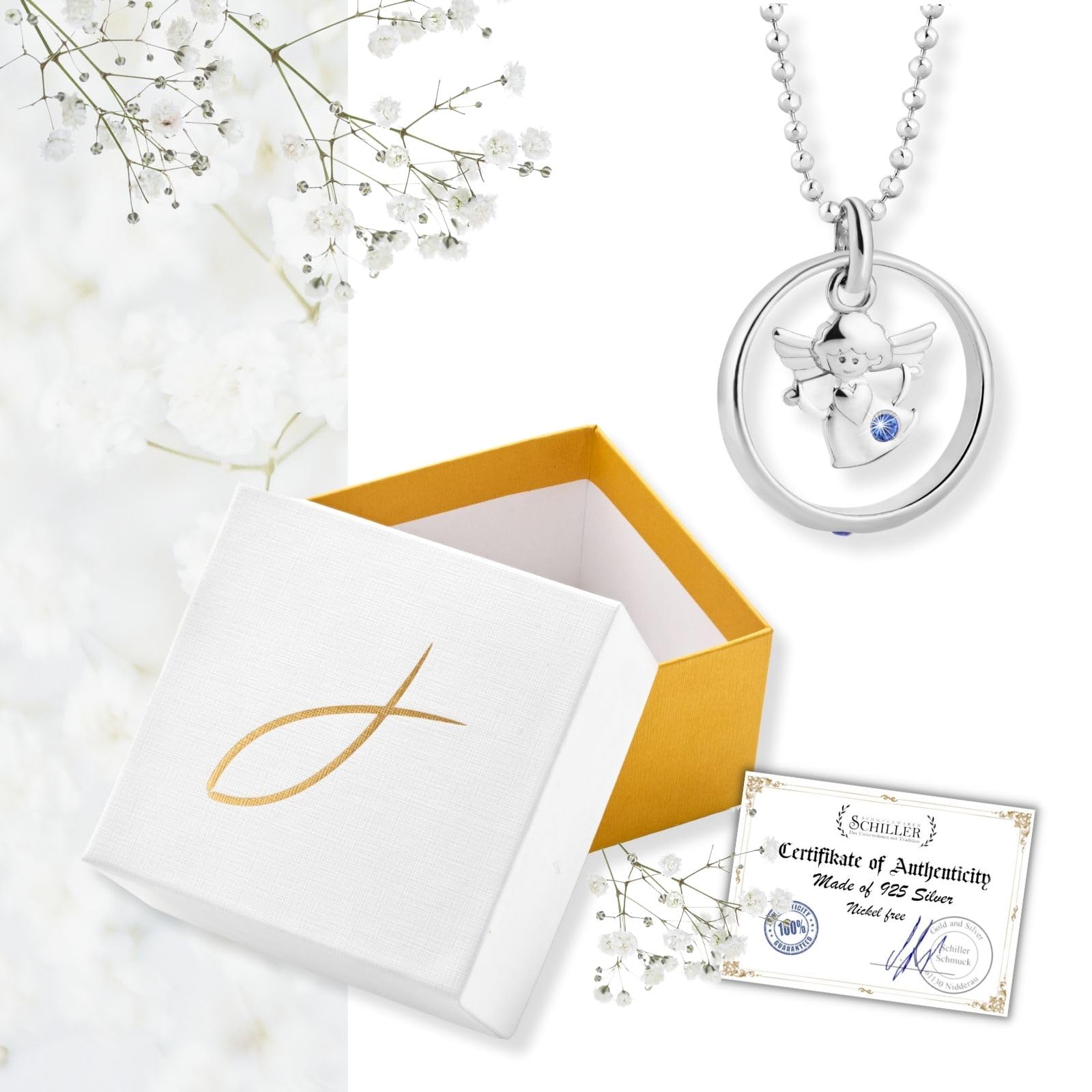 fish Collier Enfant En Argent Sterling Avec Pendentif Ange Et Cristal Bleu