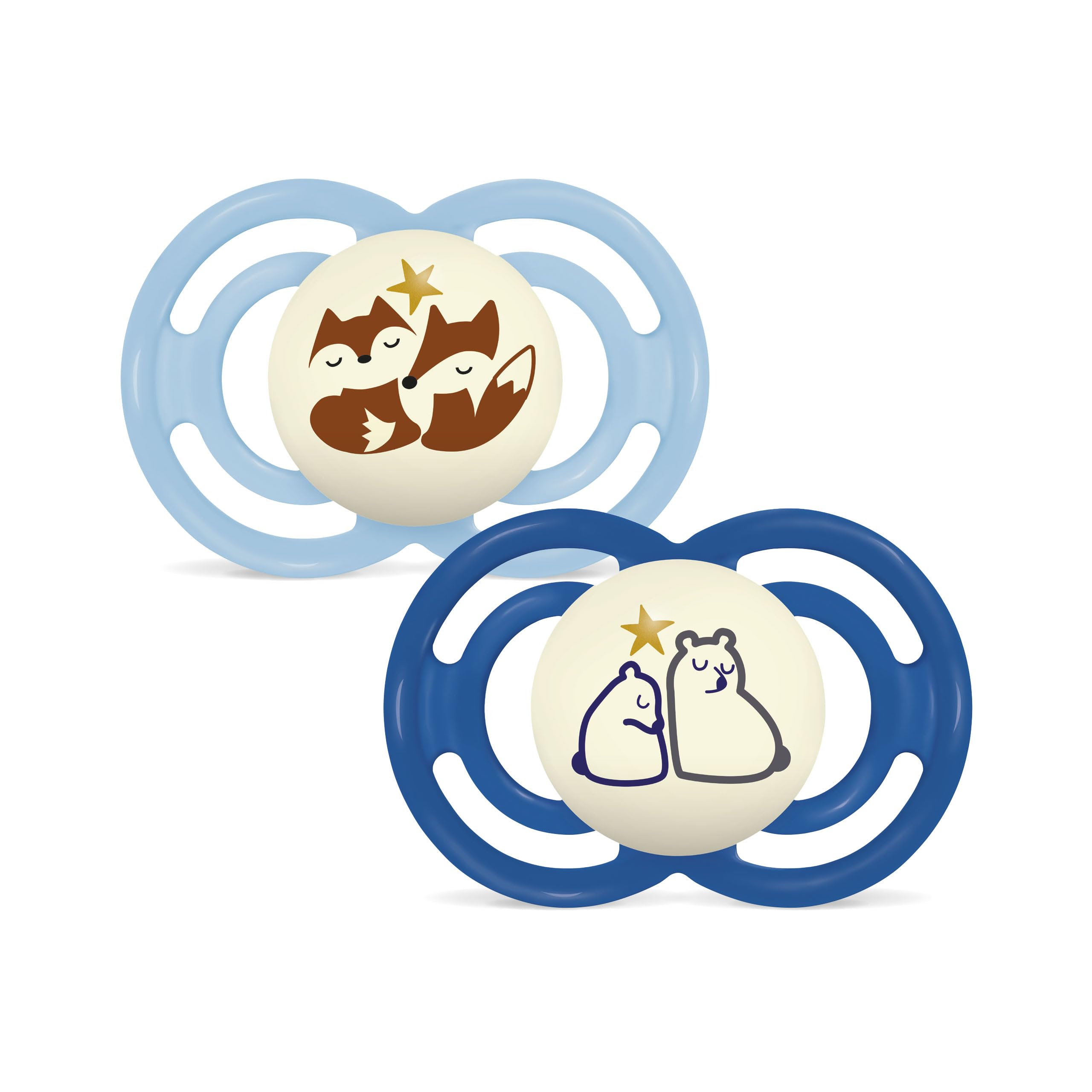 MAM Perfect Night Schnuller | 16+ Monate | leuchtende Babyschnuller | 94% Akzeptanz | von Experten empfohlen | beugt Zahnfehlstellungen vor | SkinSoft Silikon | Füchse/Bären | 2 Stück