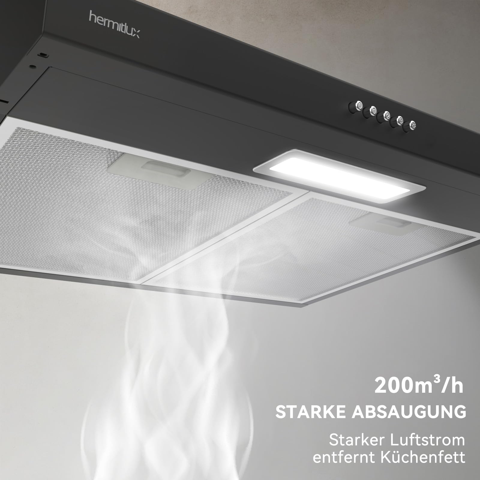 Hermitlux Dunstabzugshaube Unterbau 60cm Abluft Umluft 360 m³/h Kohlefilter Schwarz