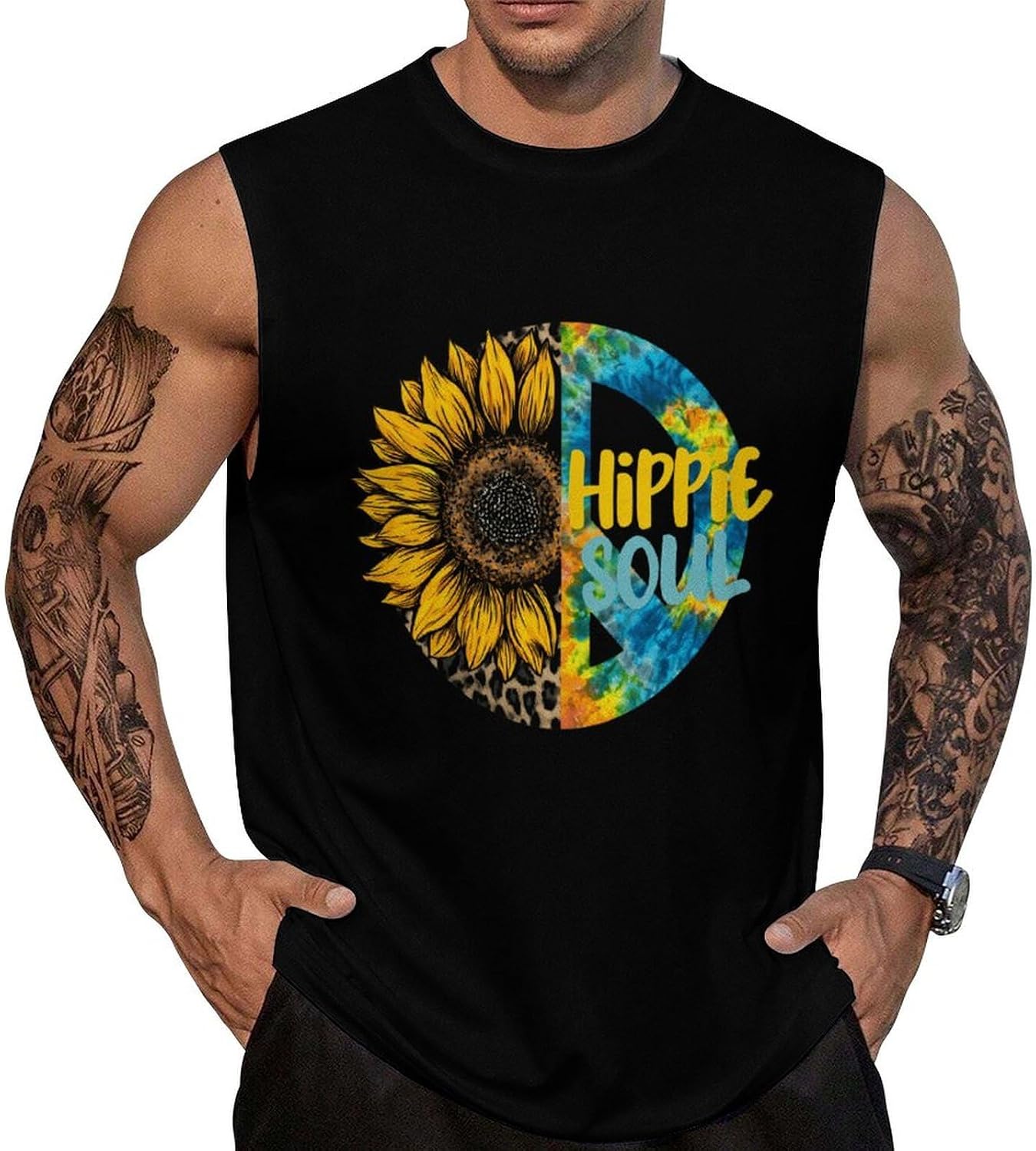 Hippie Soul Peace Sign Men Summer Sleeveless Crew Neck Top 5XL