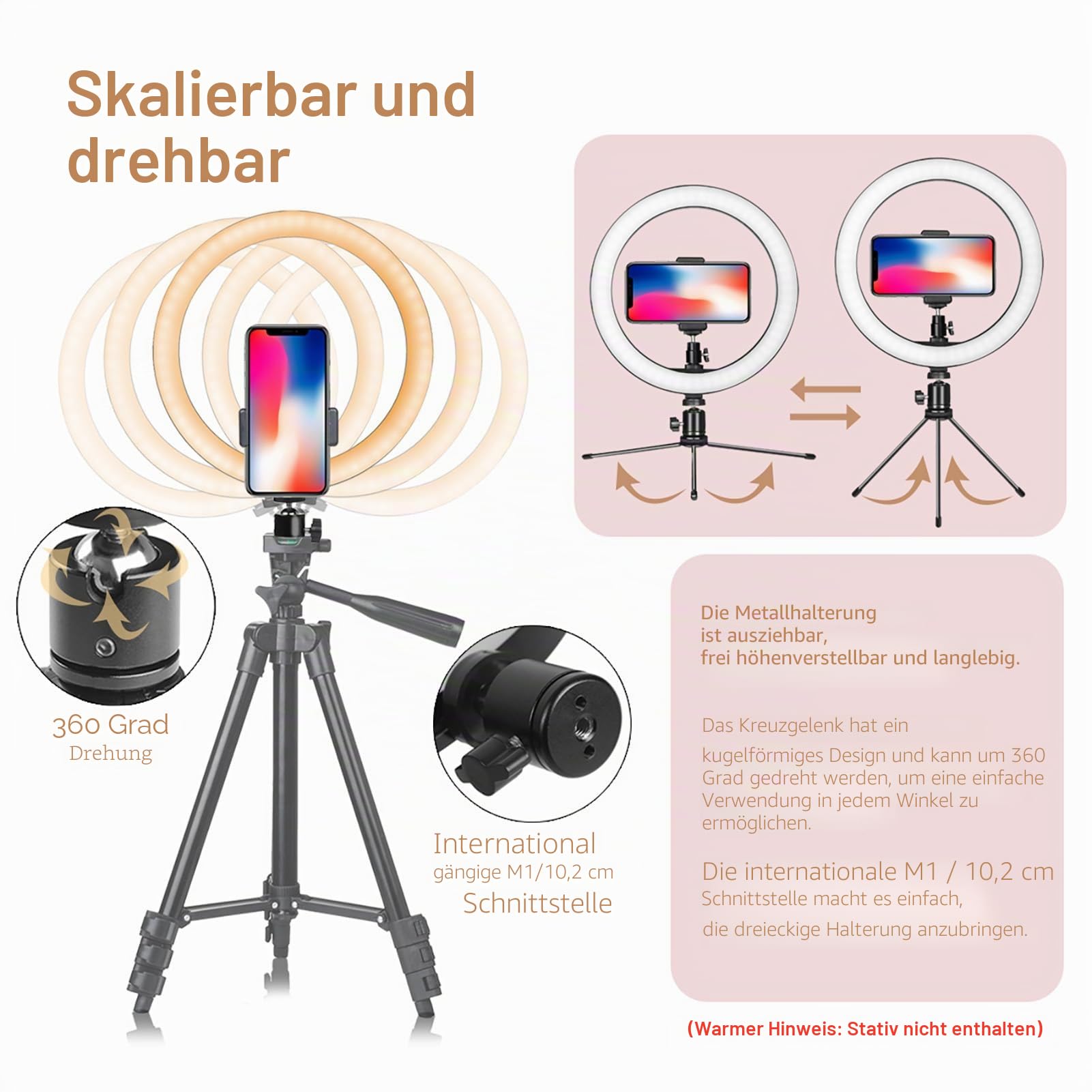 AIXPI LED-Ringlicht 10 mit Stativ und Telefonhalter für Live-Streaming und YouTube-Videos, dimmbares Schreibtisch-Make-up-Ringlicht für Fotografie, Aufnahmen mit 3 Lichtmodi und 10 Helligkeitsstufen