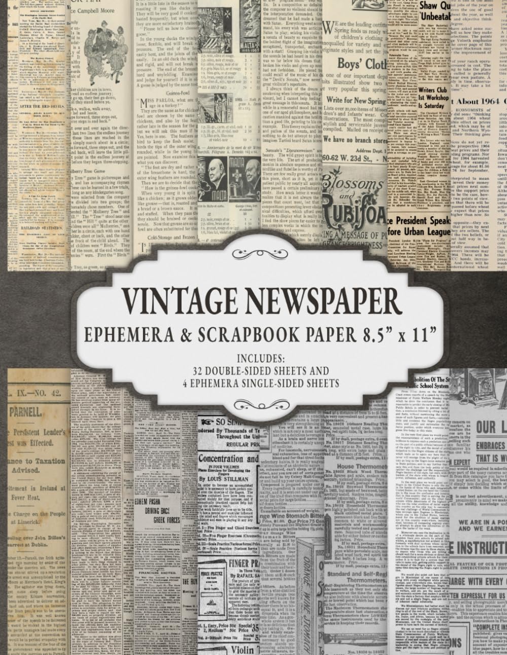 Vintage Newspaper Ephemera and Scrapbook Paper 8.5” x 11": Antique Newsprint Craft Paper for Scrapbooking, Junk Journaling, Collage, Card-Making and Mixed Media Art