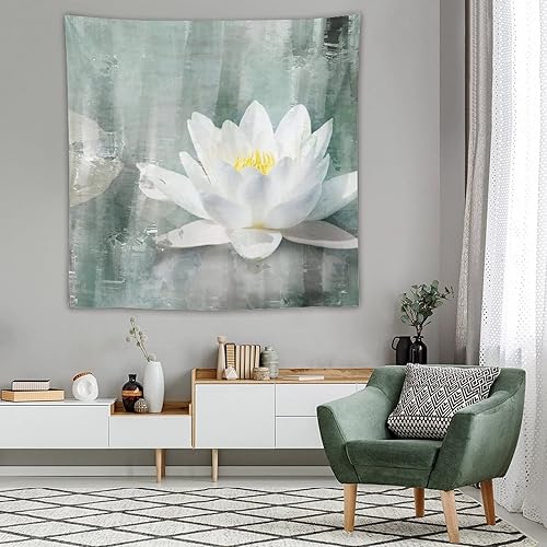 Miniatura 4 de Rimego Tapiz decorativo para colgar en la pared, para el hogar, dormitorio, baño, sala de estar (60 x 60 pulgadas), flor de loto blanco, flores