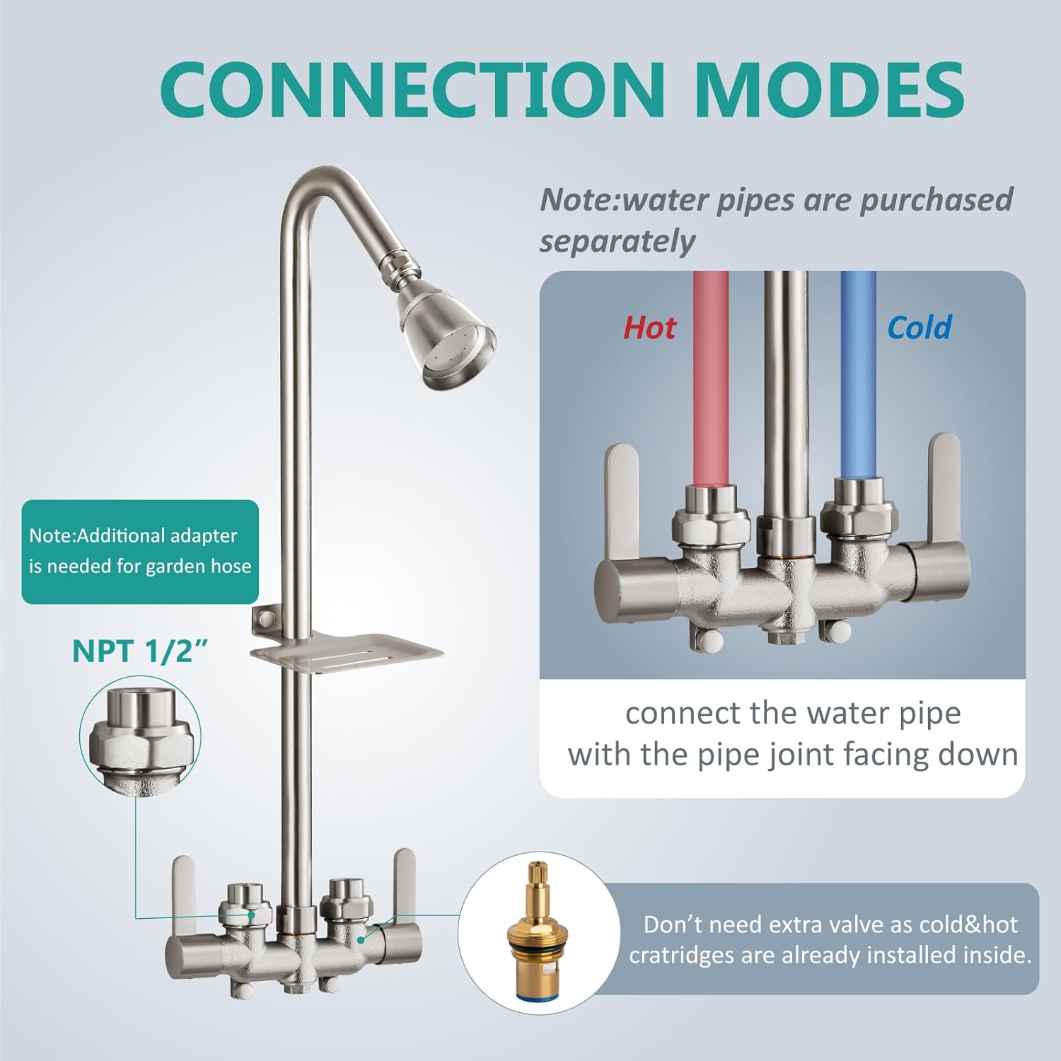 Aolemi Outdoor Shower Fixtures,Outdoor Shower Kit Faucet System 3 Inch Center with Brass Showerhead,2 Handle Exposed Shower with Brass Mix Valve,with Soap Dish,Pipe Upward,Brushed Nickel