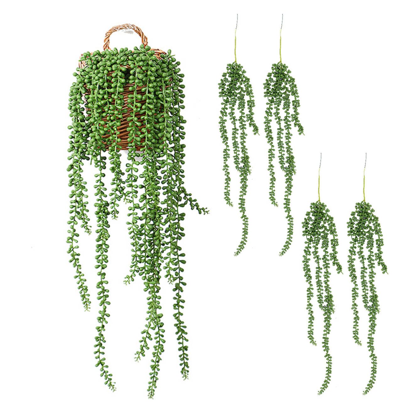 FARROWR 4pcs Fake Hanging Plants, String of Pearls Artificial Hanging Succulents Greenery Wall Decor - Faux Outdoor Plants for Planters