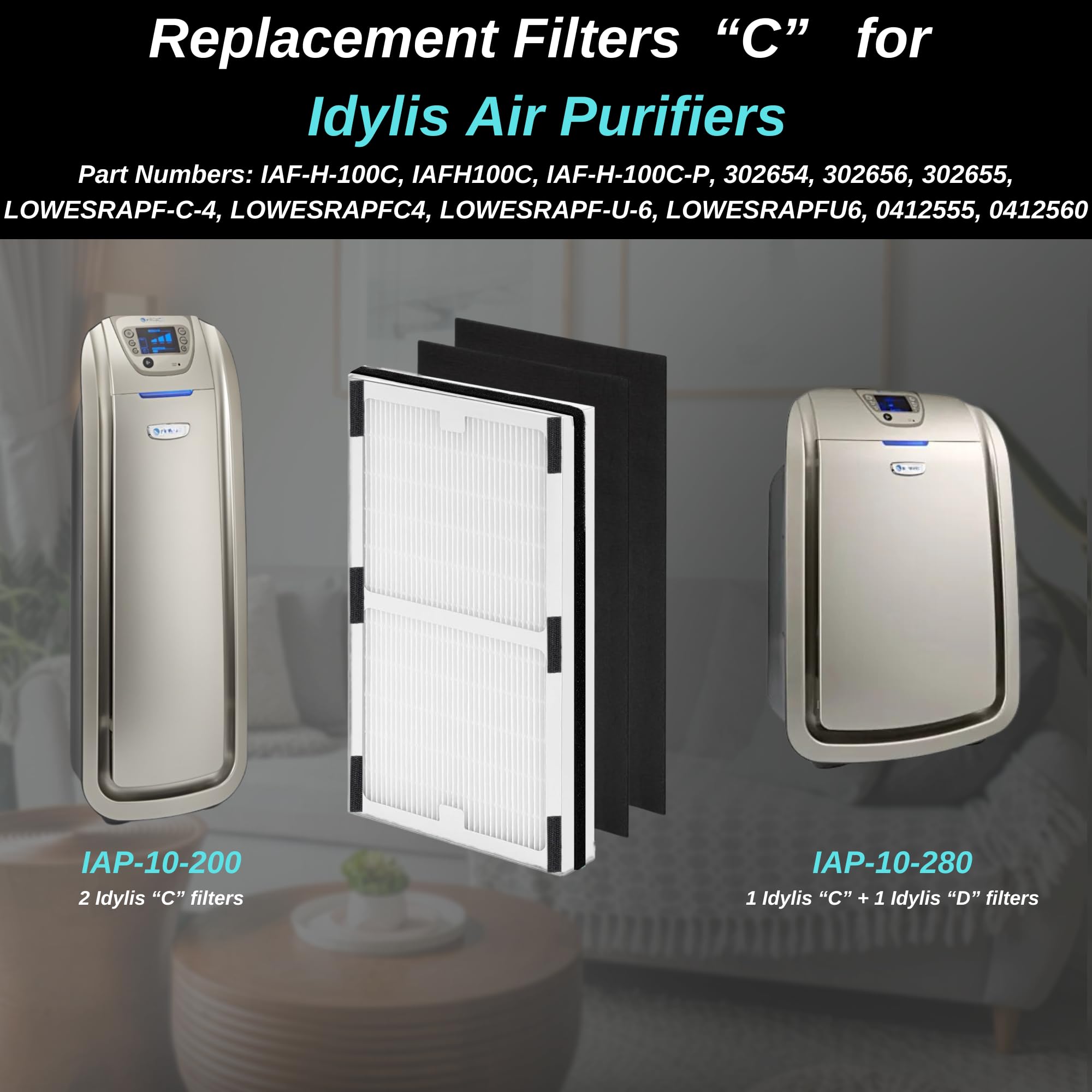 Pureburg Replacement HEPA Filter Kit For Idylis IAF-H-100C, IAP-10-200 & IAP-10-280 – Includes 1 True HEPA + 2 Carbon Pre-Filters