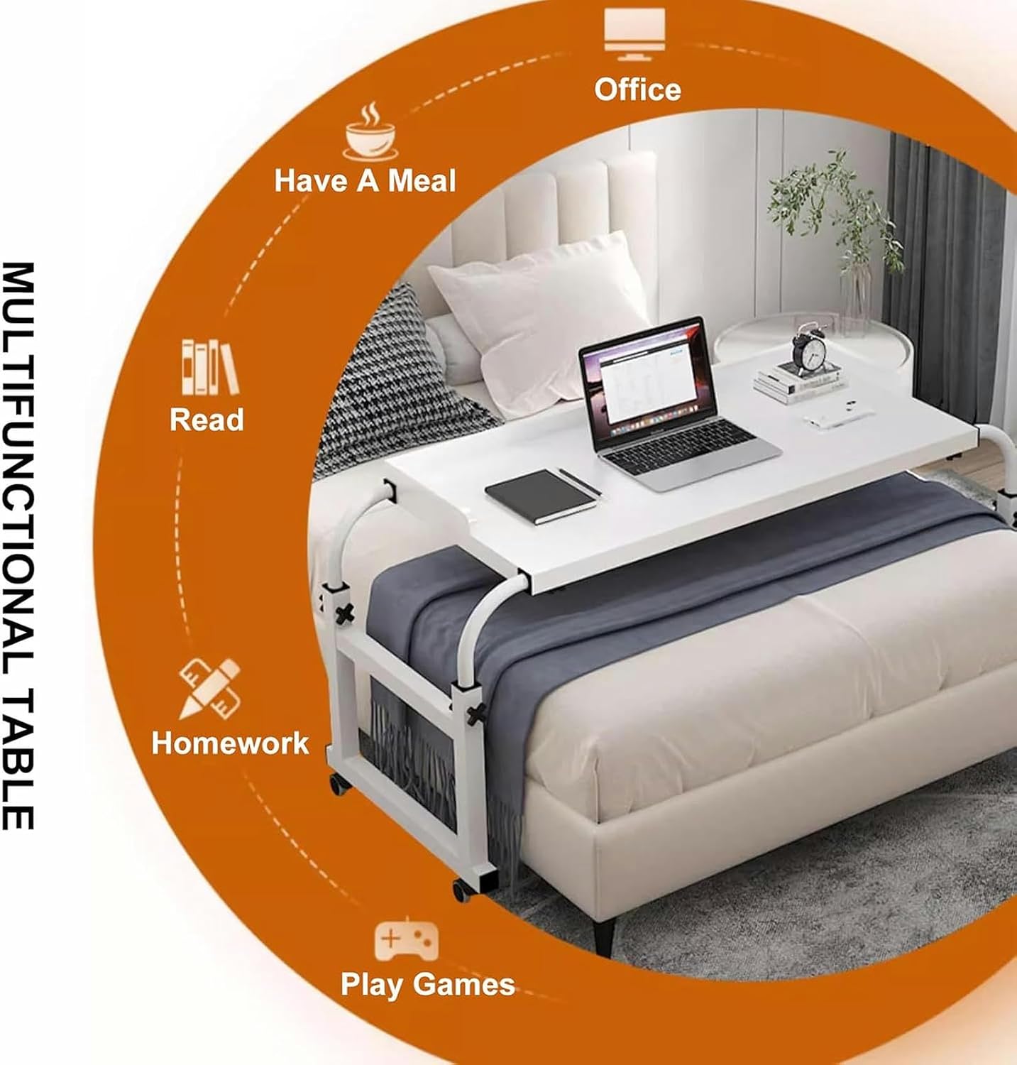 Mobile Bedside Table with 4 Wheels, Over Bed Desk Adjustable 115-210cm Overbed Table Computer Desk Standing Workstation Food Tray Desk Rolling Medical Table for Home Bedroom