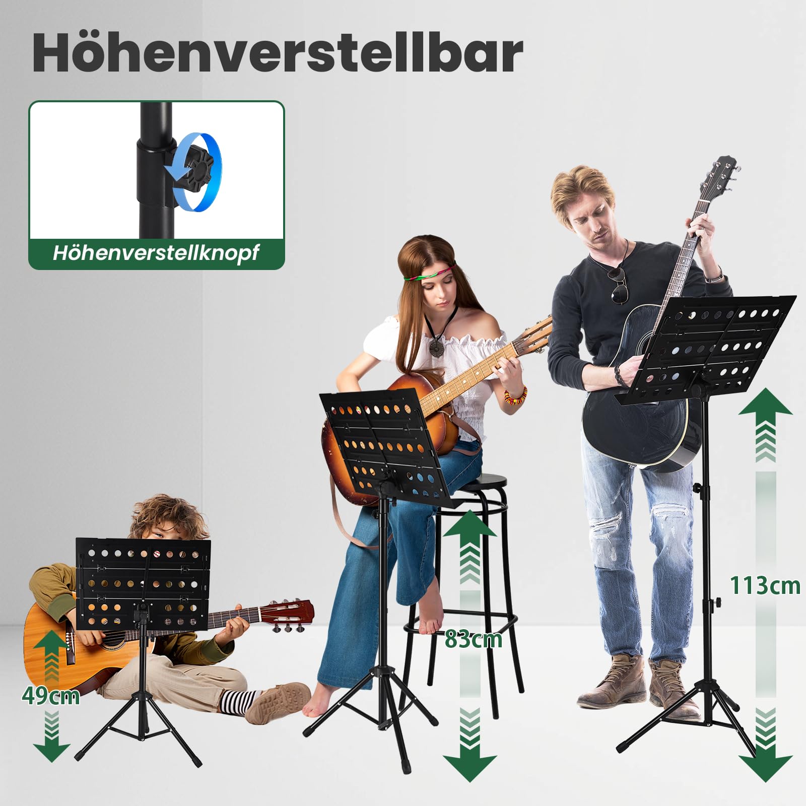 Professioneller Notenständer, höhenverstellbar (49-113cm) robuster Music Stand für Konzert und Reise, Notenständer Klappbar inklusive mit Metall-Dreibein, belüftete Platte & Transporttasche (Schwarz)