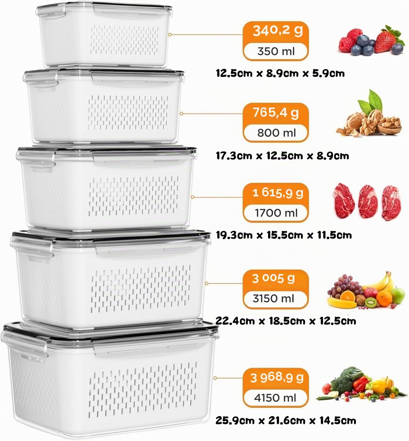 LATERN 5 Pièces Boîtes de Conservation Alimentaire pour Réfrigérateur avec Passoires Amovibles, 4 en 1 Bacs de Rangement Anti-Fuites Hermétique avec Couvercles pour Fruits Légumes Viande Conservateur
