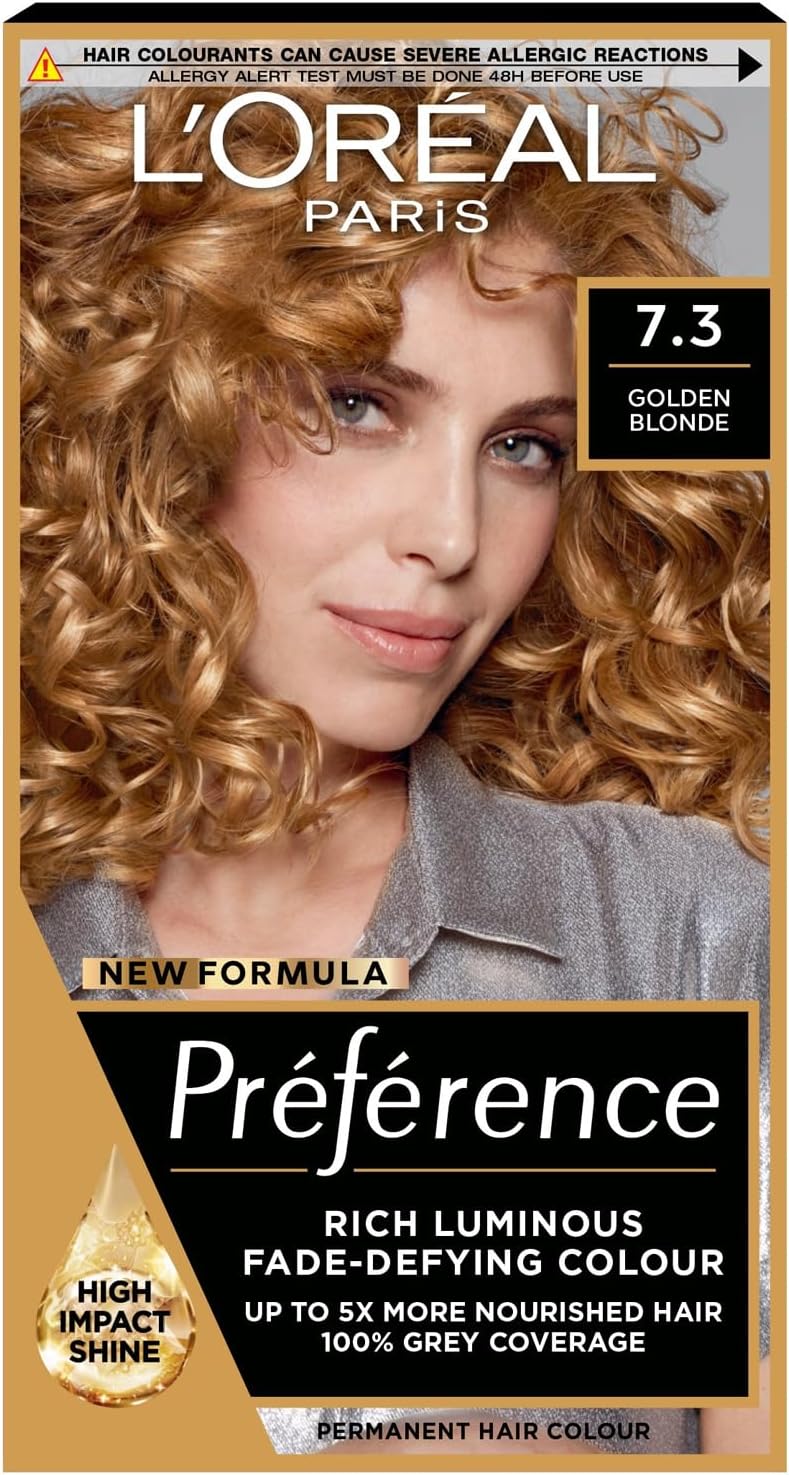 L'Oreal Paris Permanent Hair Dye, Preference 7.3 Golden Blonde, 100% Grey Coverage, Long Lasting, Luminous Hair Colour with Anti-Brass Purple Mask, Luminous Reflects, Pack of 1