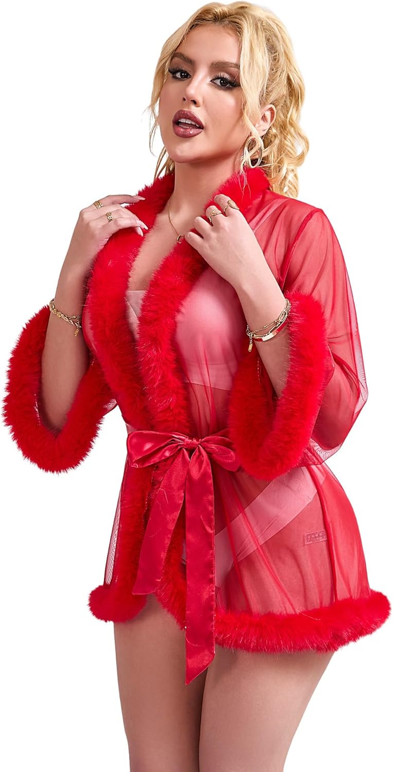 comeondear Fur Feather Robe for Women Sheer Long Sleeve Kimono Robe Nightgown Plus Size Bridal Robe with Belt