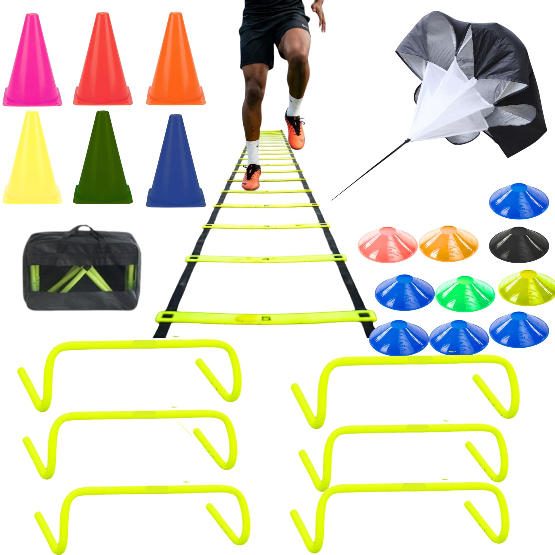 Complete Agility Training Kit with 4M Ladder, Hurdles & Cones | 6 Speed Hurdles, Running Parachute, 10 Saucer Cones, 6 Marker Cones, Includes Carry Bag-image-8