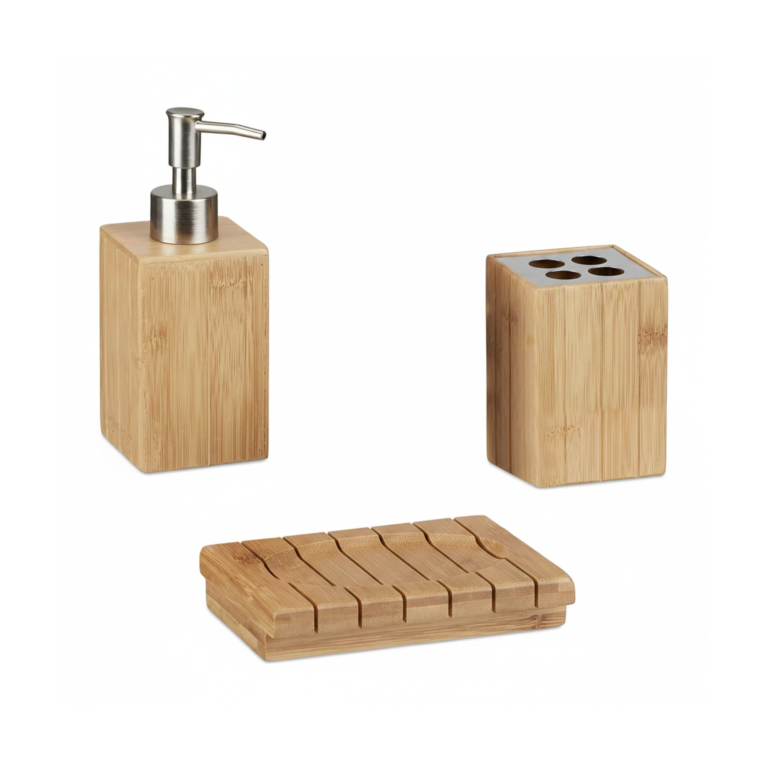 Relaxdays Set Accessori Bagno in Bambù, 3 Oggetti per Lavandino, Dispenser, Porta-Sapone e Portaspazzolini, Marrone