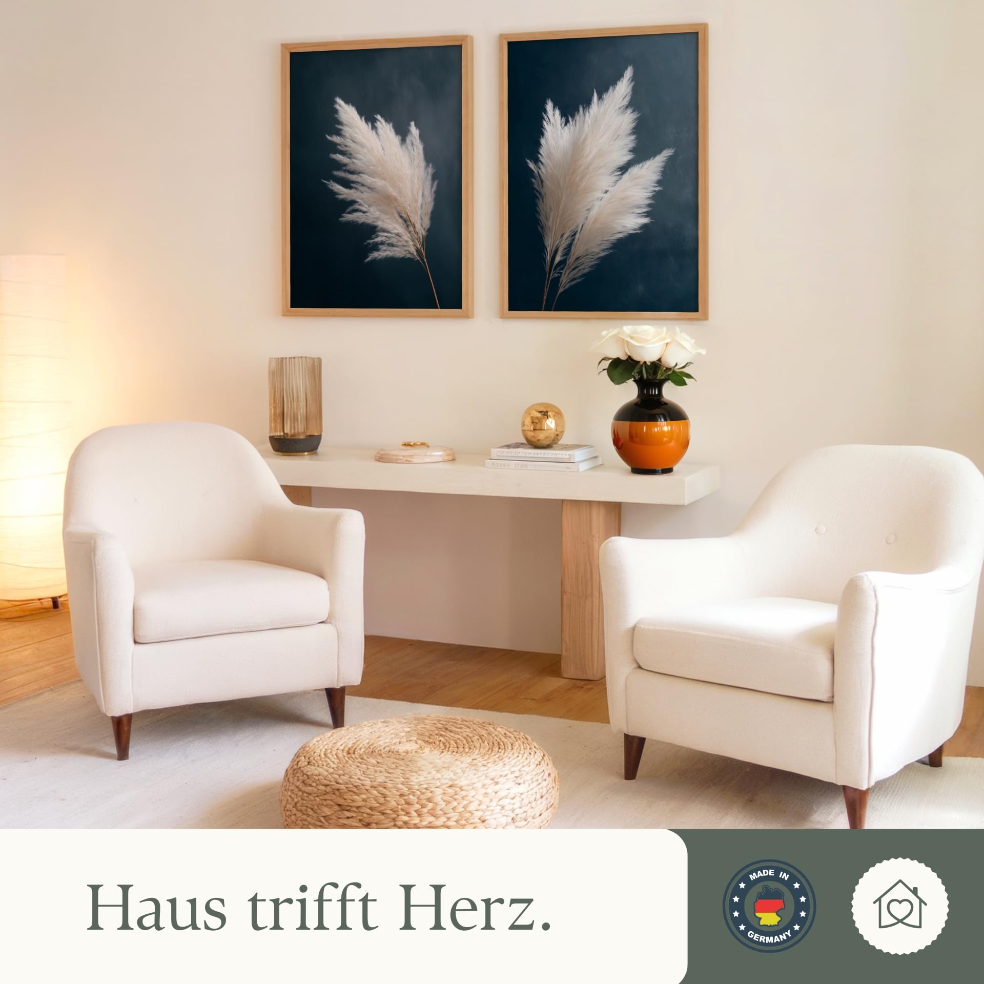 MJ-GRAPHICS® Poster Set Dunkelblau Pampasgras 2x A2 cm mit Rahmen Boho Wandbilder Kunstdrucke modern Bilder Set Wohnzimmer Schlafzimmer Deko Beige Blau Pflanzen