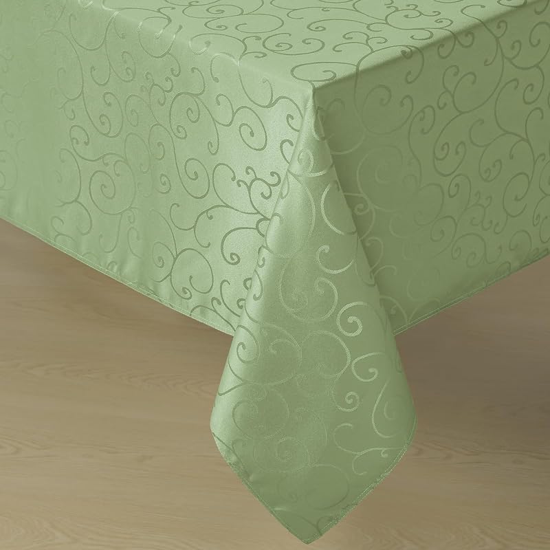Green Jacquard Rectangle Tablecloth, Waterproof Elegant Damask Curly Floral Pattern Outdoor Table Cloth, Washable Decorative Polyester Table Cover for Kitchen/Dining/Parties - 60 x 84 Inch