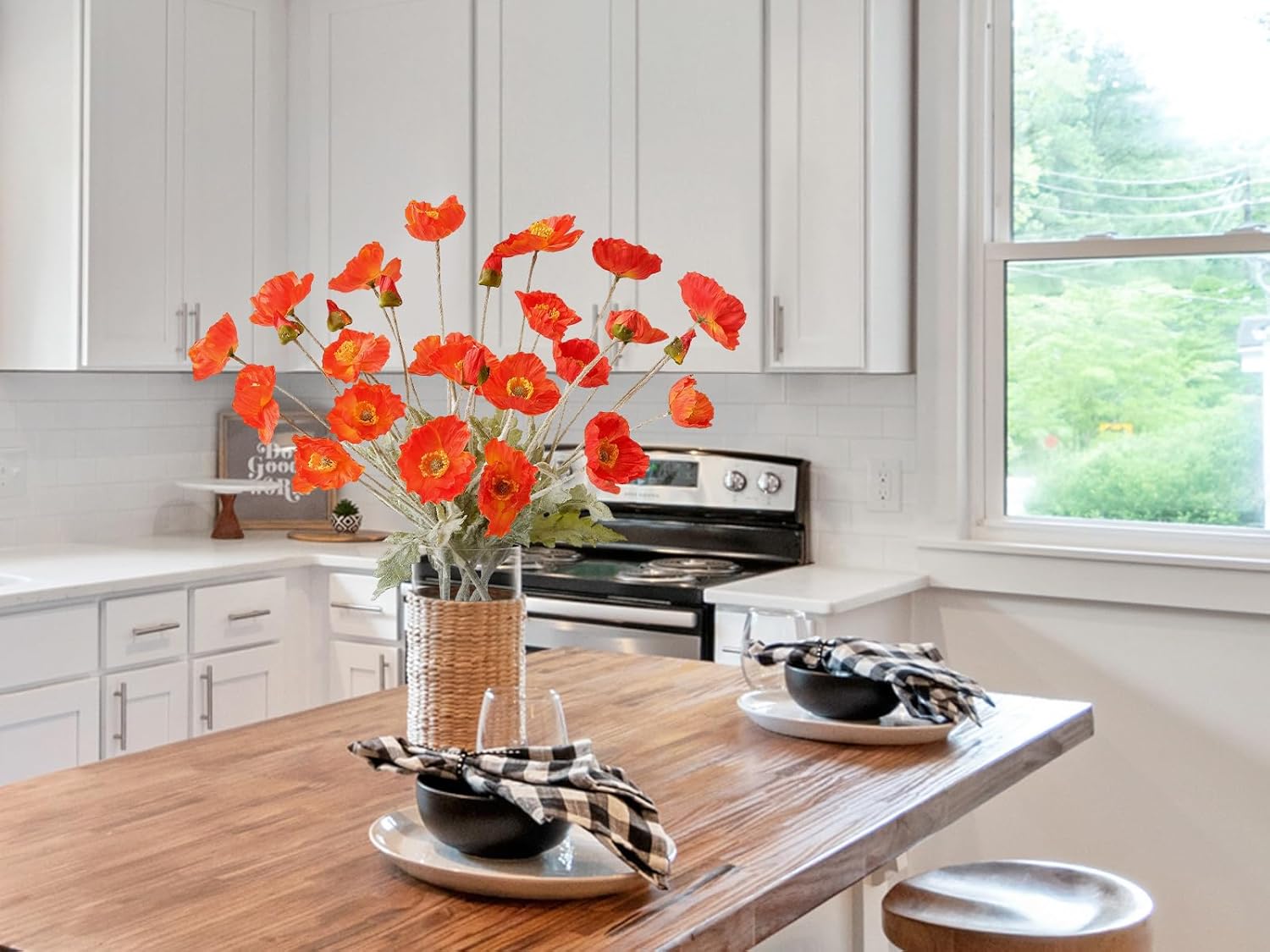 zytuyo 6pcs dark orange poppy flowers artificial silk faux poppies bouquet with long stems for outdoor indoor home kitchen halloween fall decor