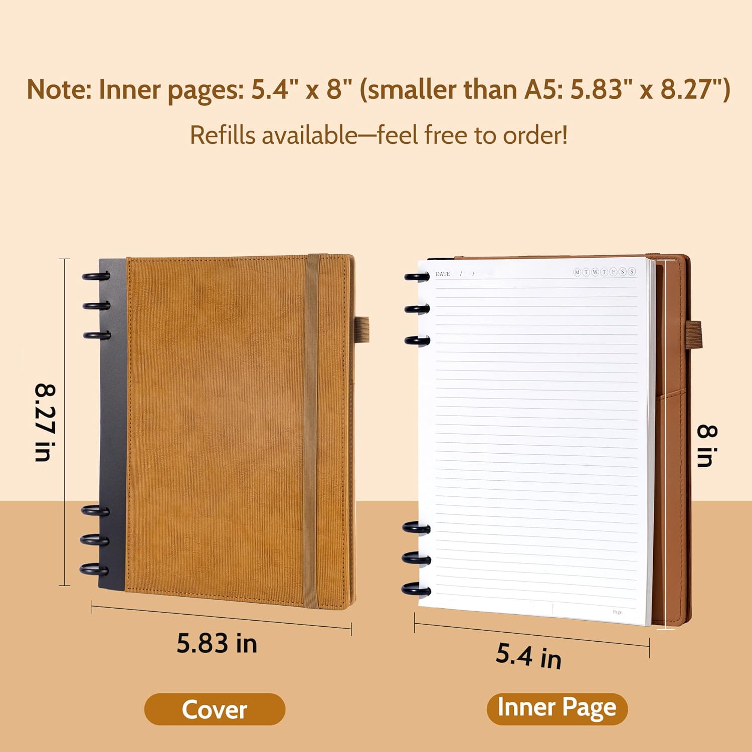 Yoment Refillable Notebooks for Work Discbound: Hardcover Notebook with 5 Subject Removable Dividers Tabs Colleged Ruled Small Journal for Writing Women Men 224 Pages,Brown