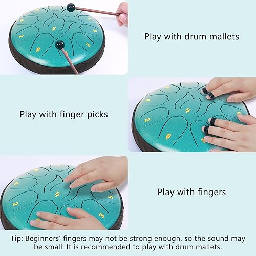 Vista 58 de Tambor de lengua de acero, 13 notas, 12 pulgadas, tambor de acero con bolsa de tambor, libro de música, mazos de tambor, soporte de mazo, púas