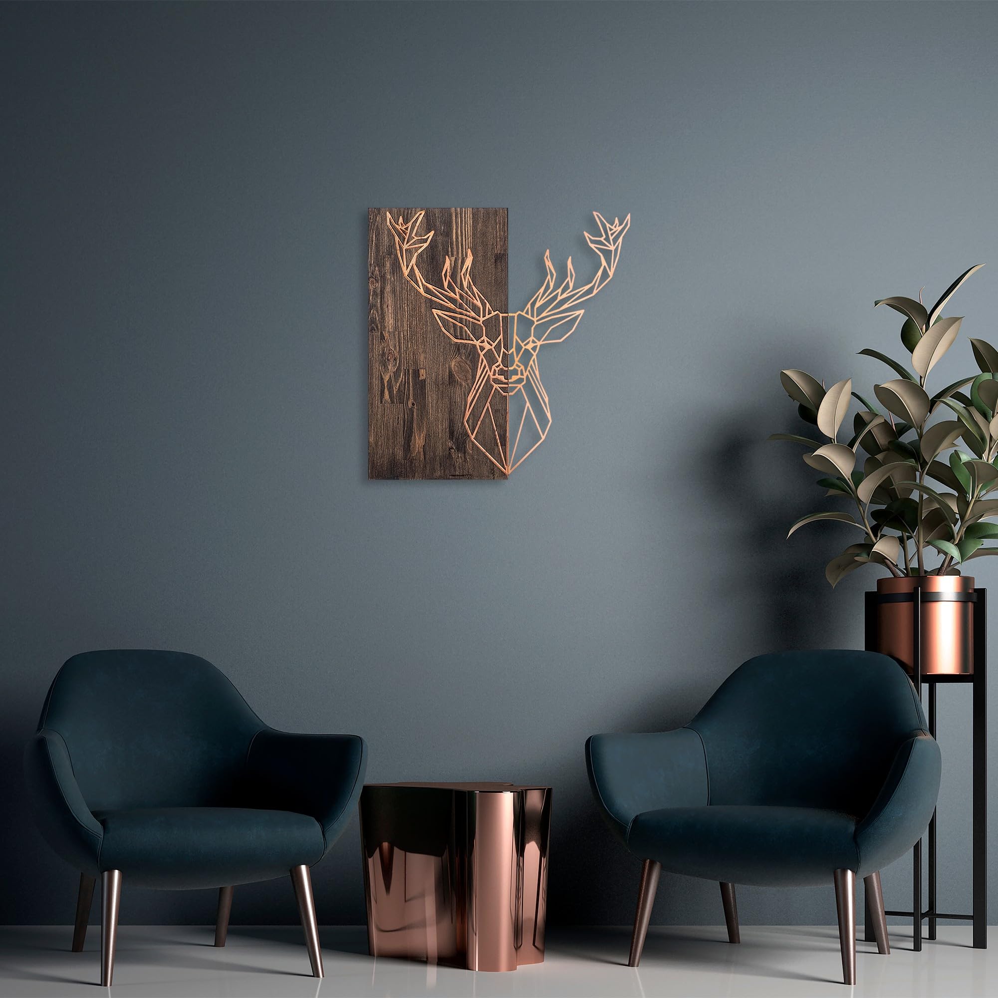 Elegant Decorative Wooden Wall Accessory, 56 x 58 cm, Walnut & Copper, 50% Wood (3 cm) & 50% Metal (1.5 mm), Wall Mountable, Unique Design