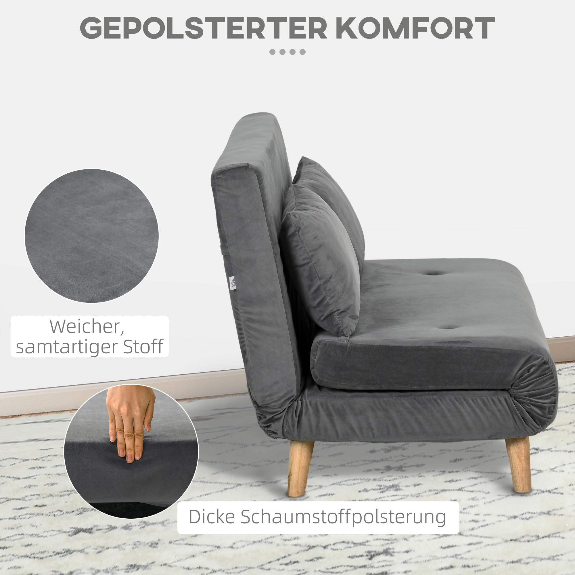 HOMCOM Sofa do spania 2-osobowa z funkcją łóżka, składana sofa z regulowanym oparciem, poduszka, sofa do spania o aksamitnym wyglądzie do salonu, szara, 130 x 78 x 79 cm