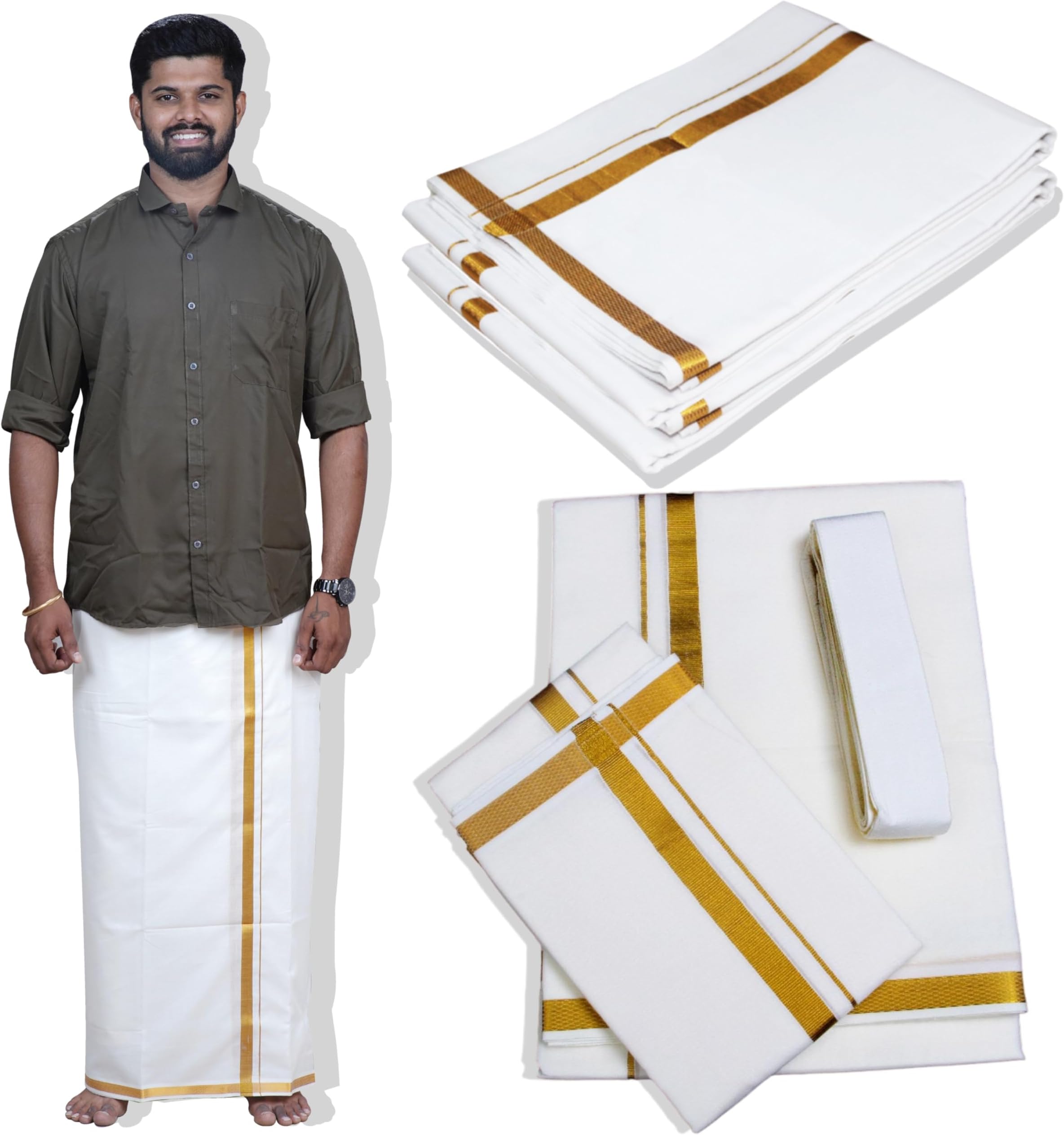 Men's Cream Cotton Dhoti/Veshti/Mundu Set (Includes Dhoti [3.8m], Angavastram [1.8m] and Belt [1.4m]) - Indian Ethnic Wear, One Size