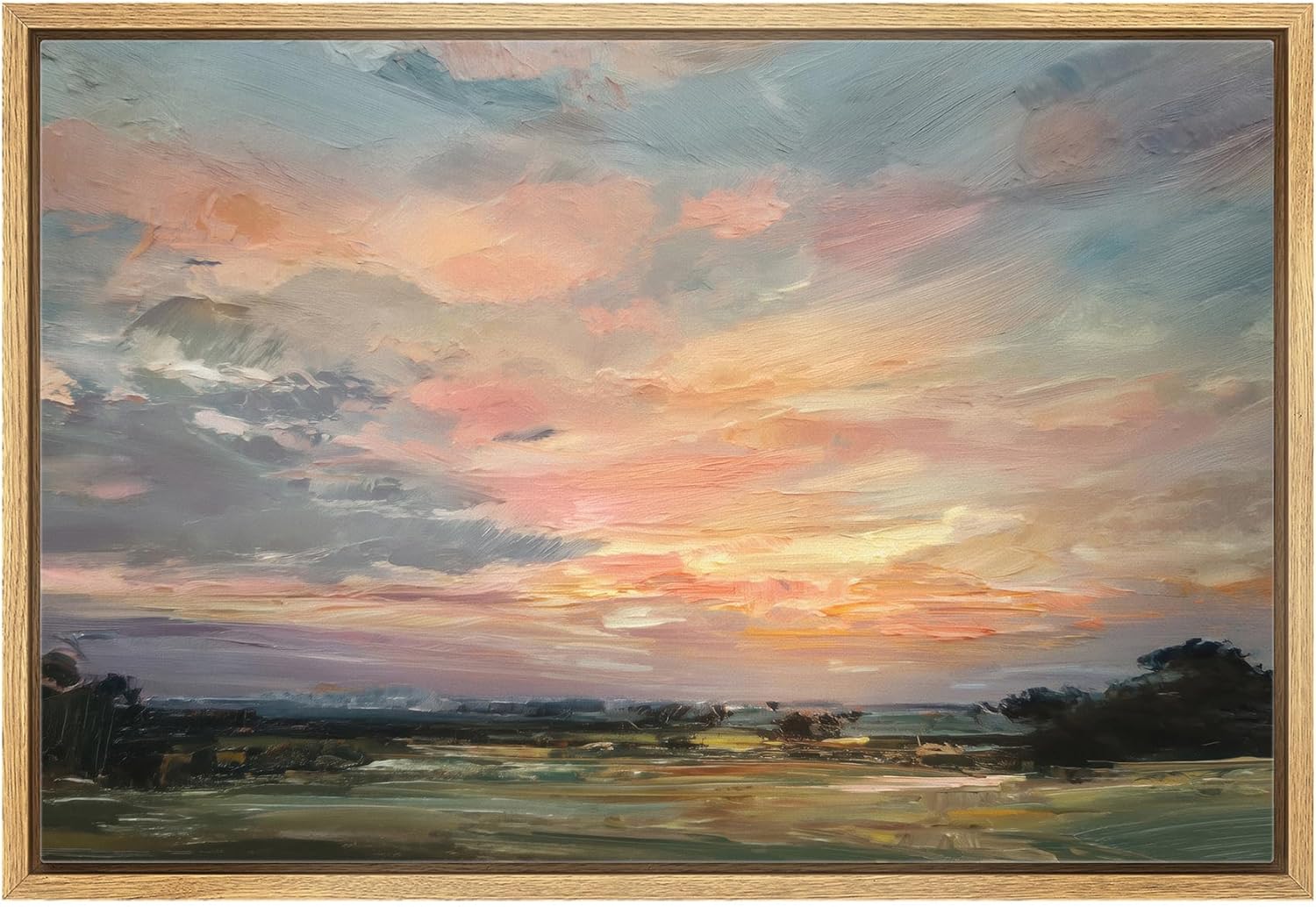 MUDECOR Framed Canvas Print Wall Art Golden Sunset Clouds Over Vast Field Landscape Illustrations Realism Decorative Scenic Panoramic Earth for Living Room, Bedroom, Office - 24"x36" Natural