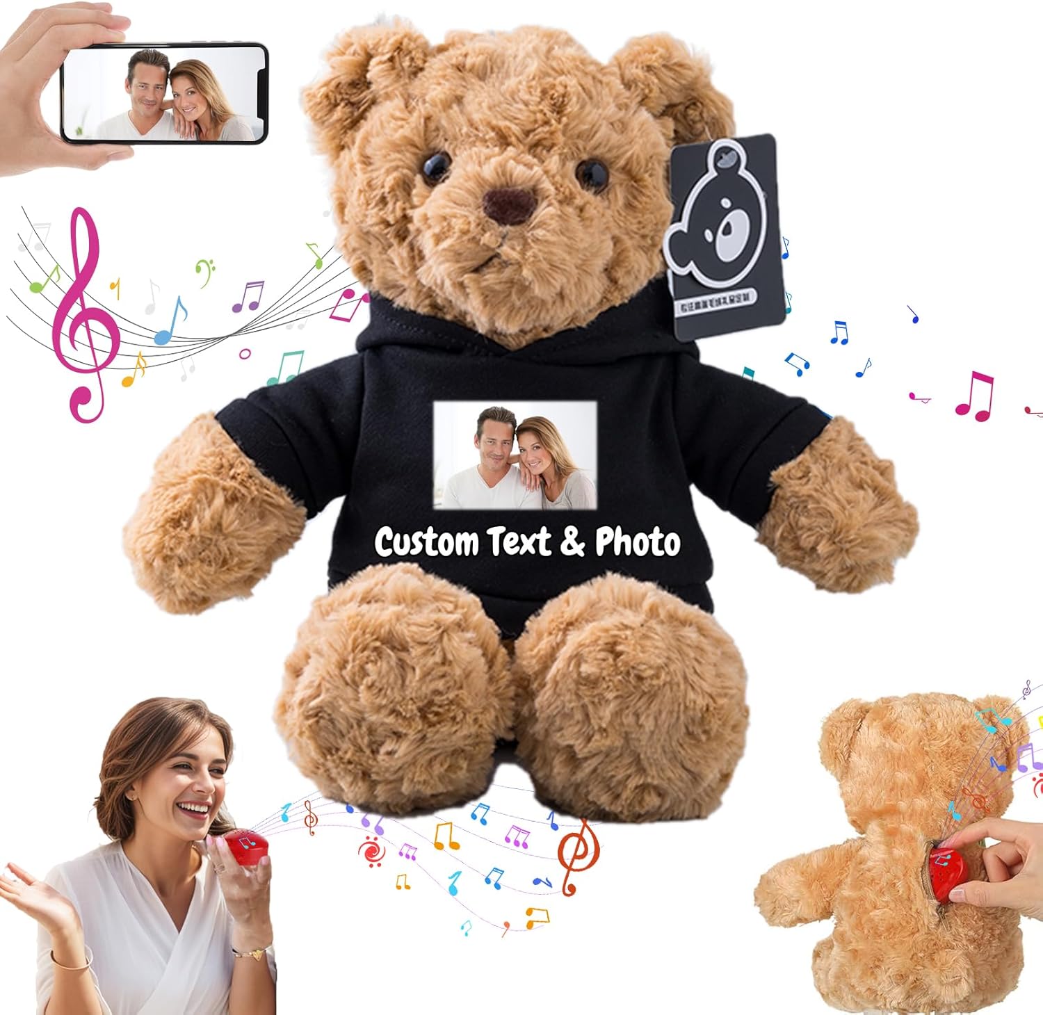 Personalized Teddy Bear with Voice Recording for Kids Adults, Personalized Gifts Bear with Bow Plush Toys with Text+Photo as Customized Gift for Valentines Christmas (11 inch-Text+Photo)