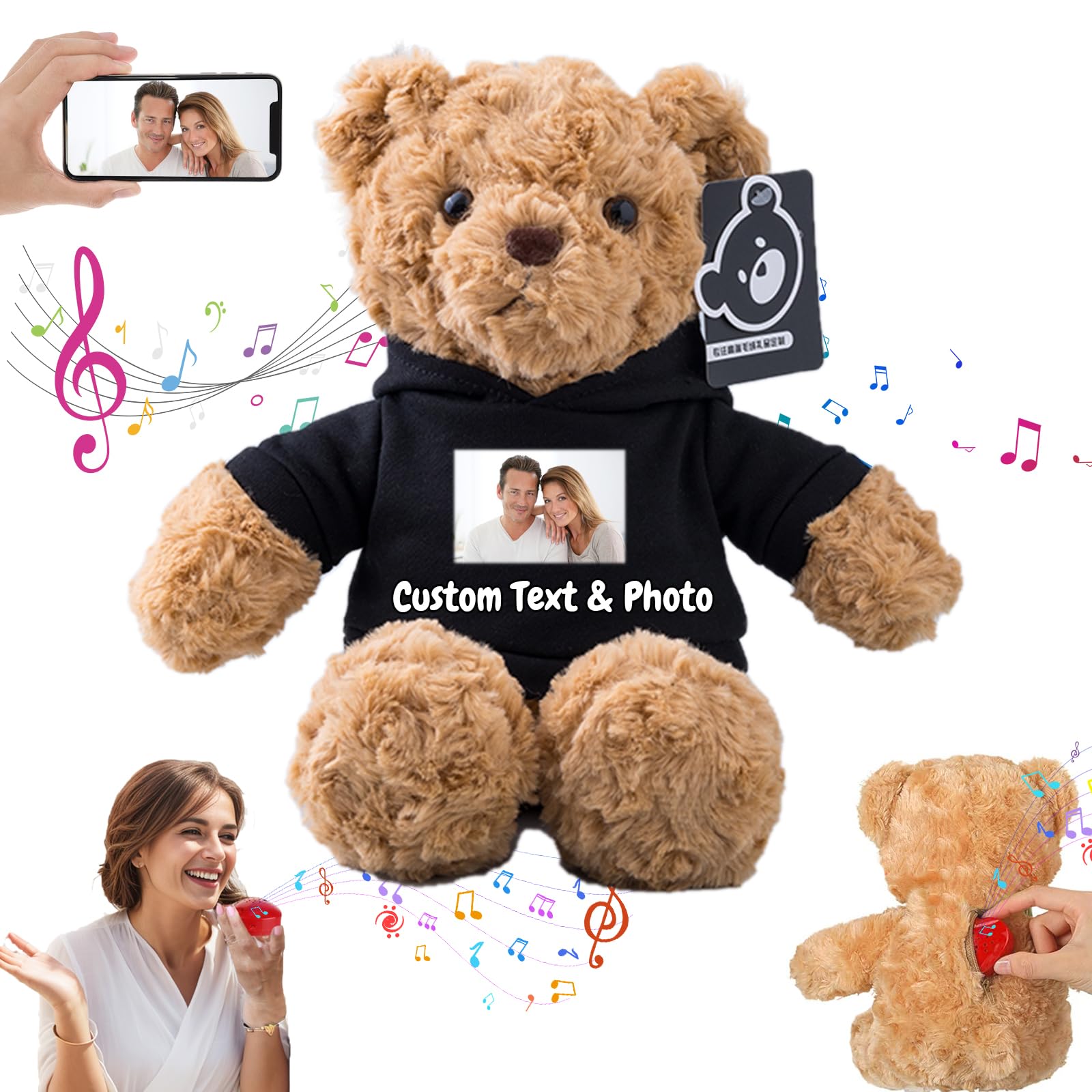 MeterBear Personalised Teddy Bear with Voice Recording for Kids Adults, Personalised Gifts Bear with Bow Plush Toys with Text+Photo as Customised Gift for Valentines Christmas (11 inch-Text+Photo)