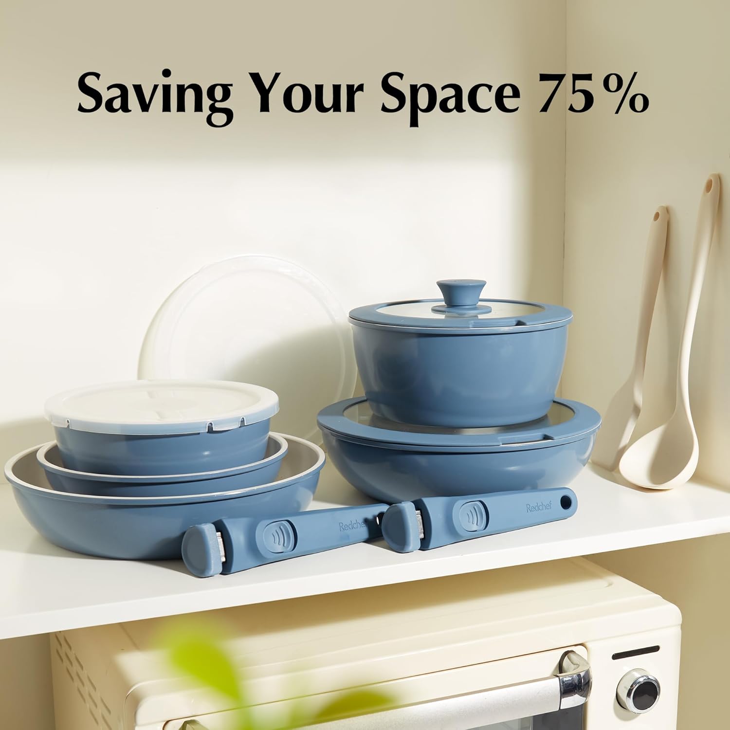 Redchef 21pcs Ceramic Pots and Pans Set Non Stick, Nonstick Kitchen Cookware Set with Detachable Handle, Non Toxic, PFAS PFOA & PTFE Free, RV Ceramic Cookware Set for Camping, Dishwasher/Oven Safe