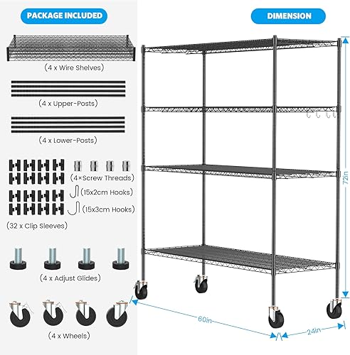 Miniatura 8 de Estantería de alambre con ruedas, estantes de almacenamiento ajustables de 4 niveles con certificación NSF, 60 x 24 x 72 pulgadas, estantería