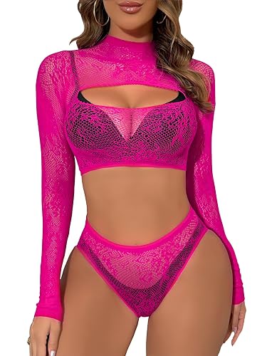 Buitifo Women Lingerie Set Front Open Bodysuit Sexy Nightwear Pajamas Set - Rosered - One Size