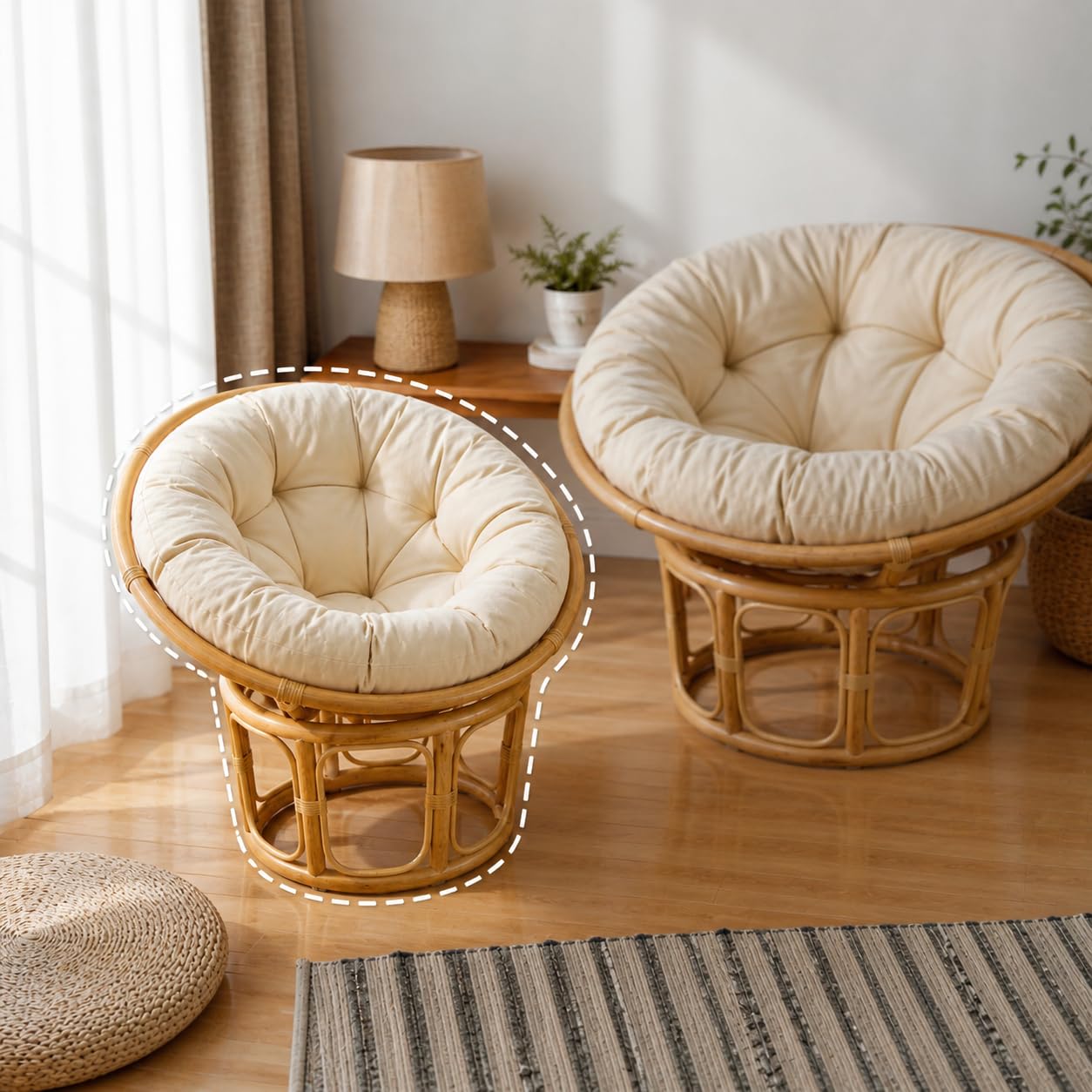 Deconation Petit Fauteuil Papasan en Rotin Beige - Mini Chaise Papasan - Coussin Blanc Cassé - D 80 Cm X H 80 Cm